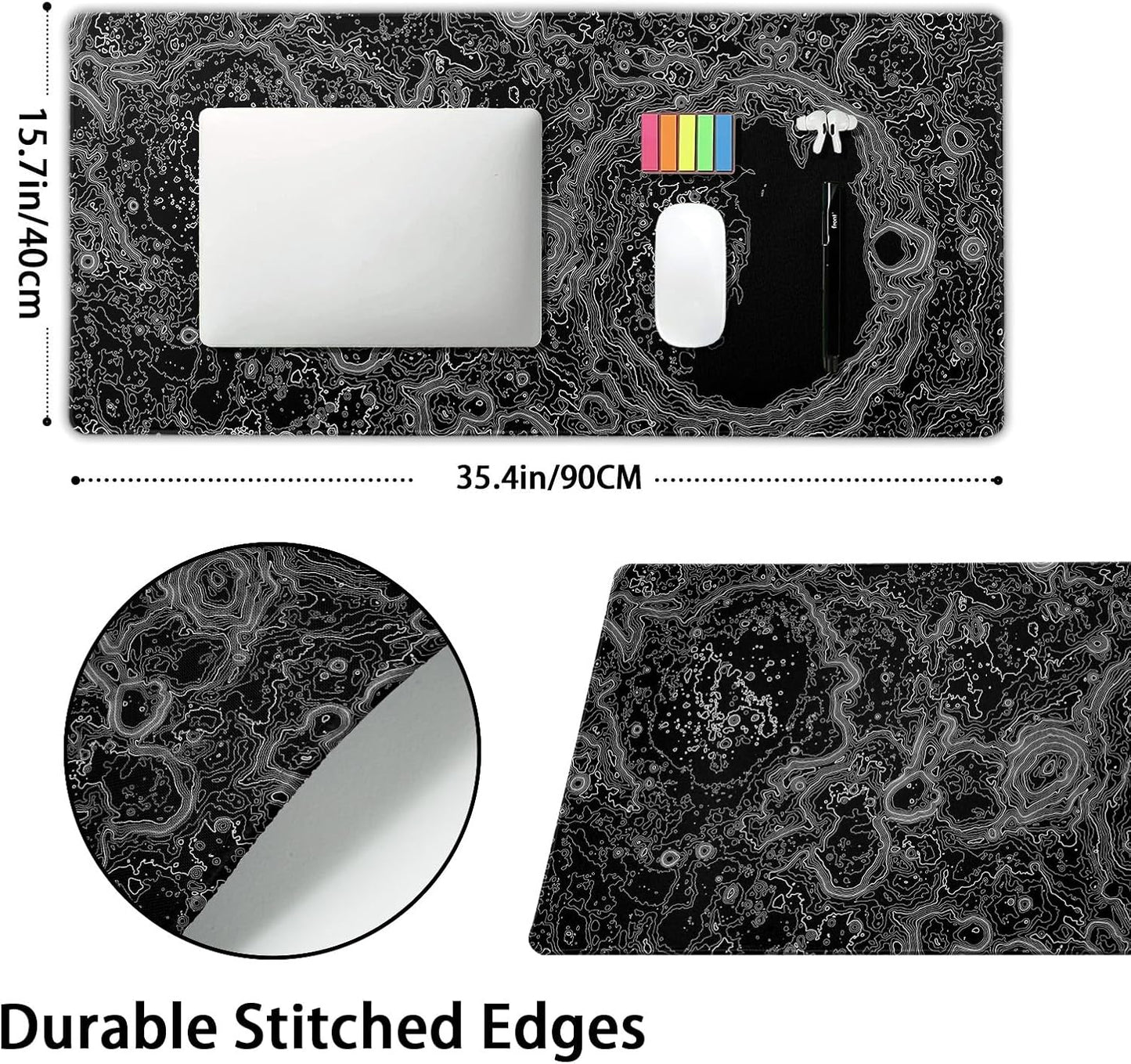 Black Whtie Topographic Gaming Mouse Pad XXL Topo Moon Relief Map Extended Large Mat Mousepad Desk Pad Non-Slip Rubber Base Stitched Edge Long Mousepad for Desktop Office Desk, 35.4 x 15.7 in