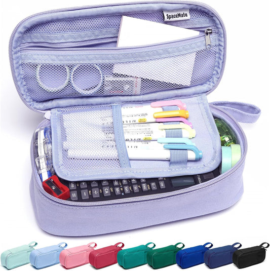 Pencil Case Pouch Box Bag School Supplies Girls Boys Kids, Cute Preppy Stuff Large Big Capacity Aesthetic Pen Organizer, Back to College Stationary, Purple, Heavy Duty Canvas, 1800ml