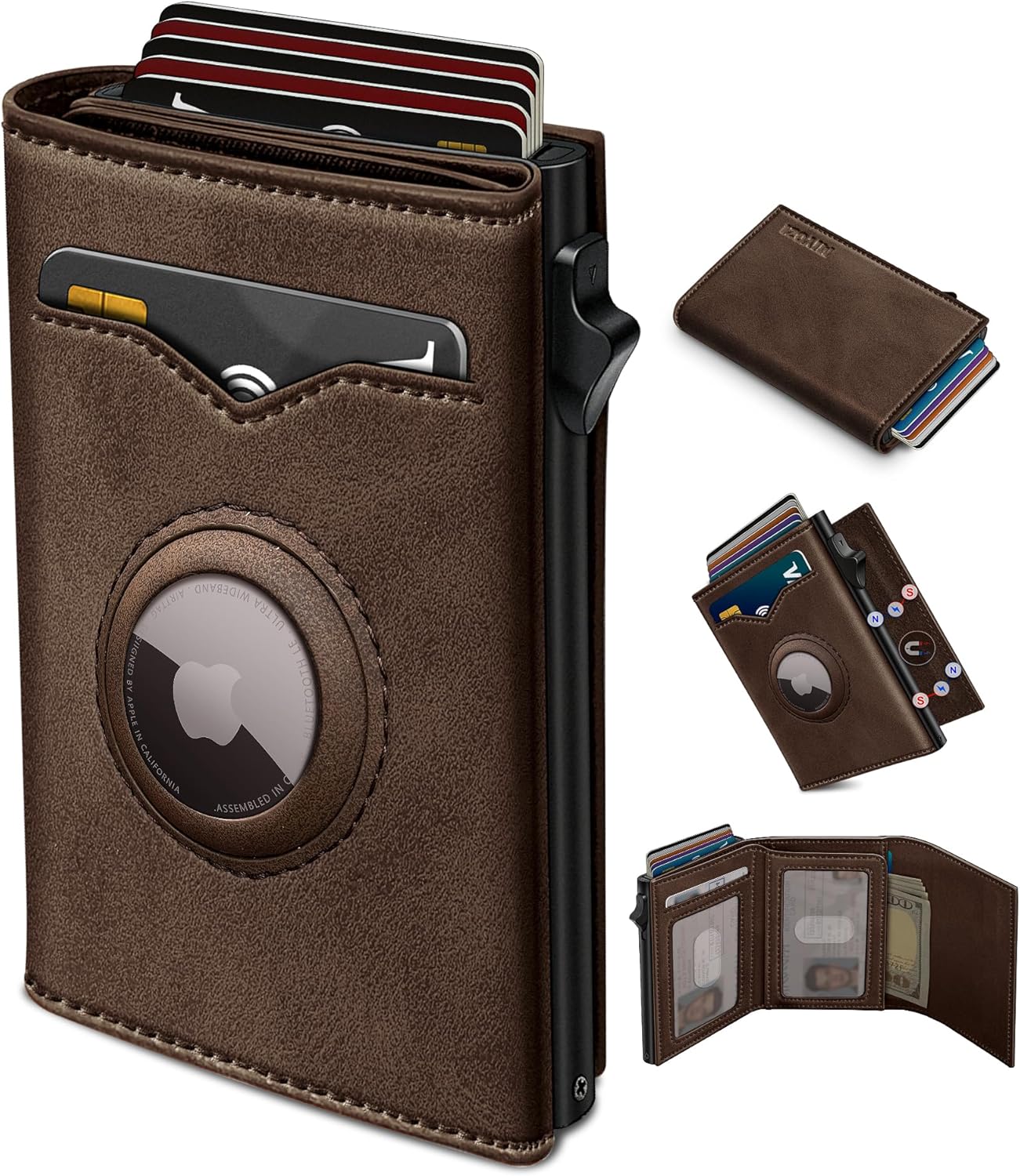 Airtag Wallet for Men,with Cash Pocket 2 ID Window 9-12 Cards,Metal Case Smart Slim Pop Up Credit Card Holder Flip with Magnetic Closure RFID Blocking Trifold wallet with Gift Box