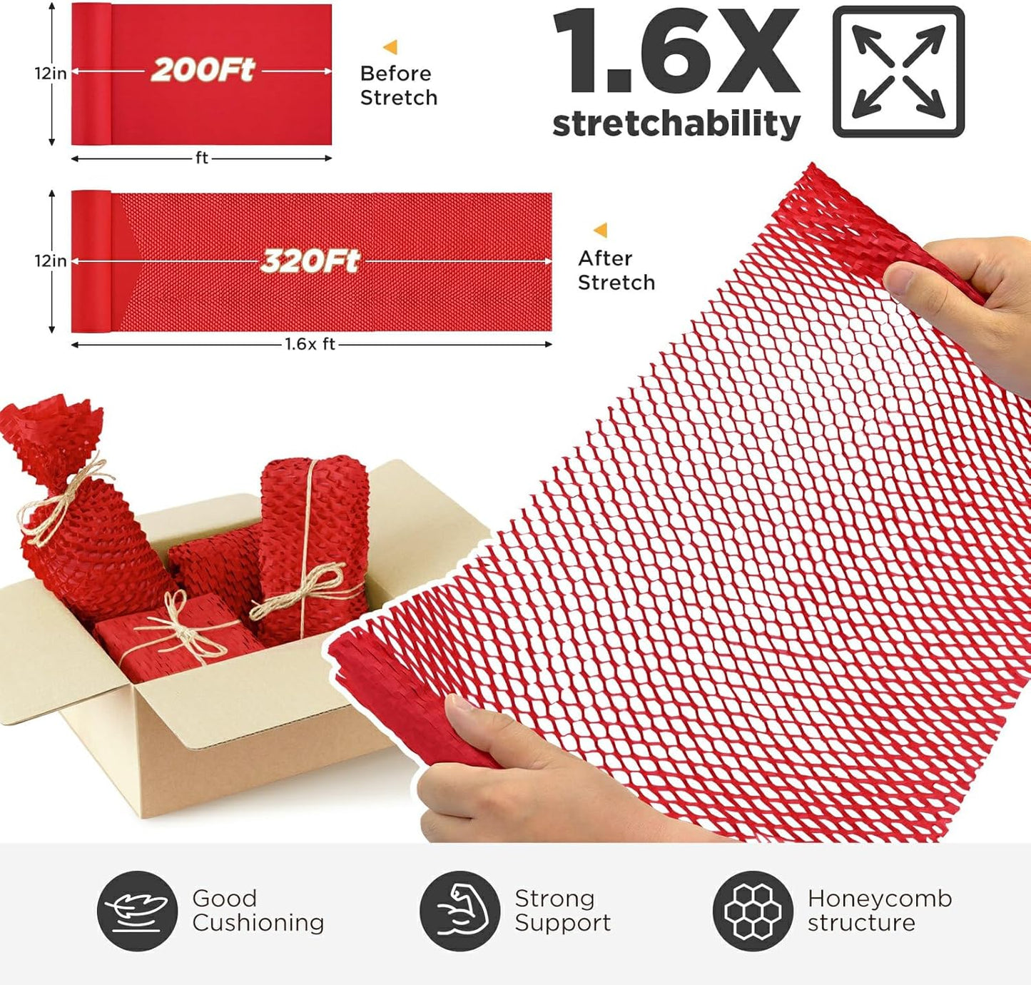 Honeycomb Packing Paper, 12"x200' Red | Perforated Honeycomb Packing Paper Recyclable Moving Supplies for Shipping & Moving | Plastic-Free Alternative to Bubble Cushion Wrap with 36 Fragile Stickers