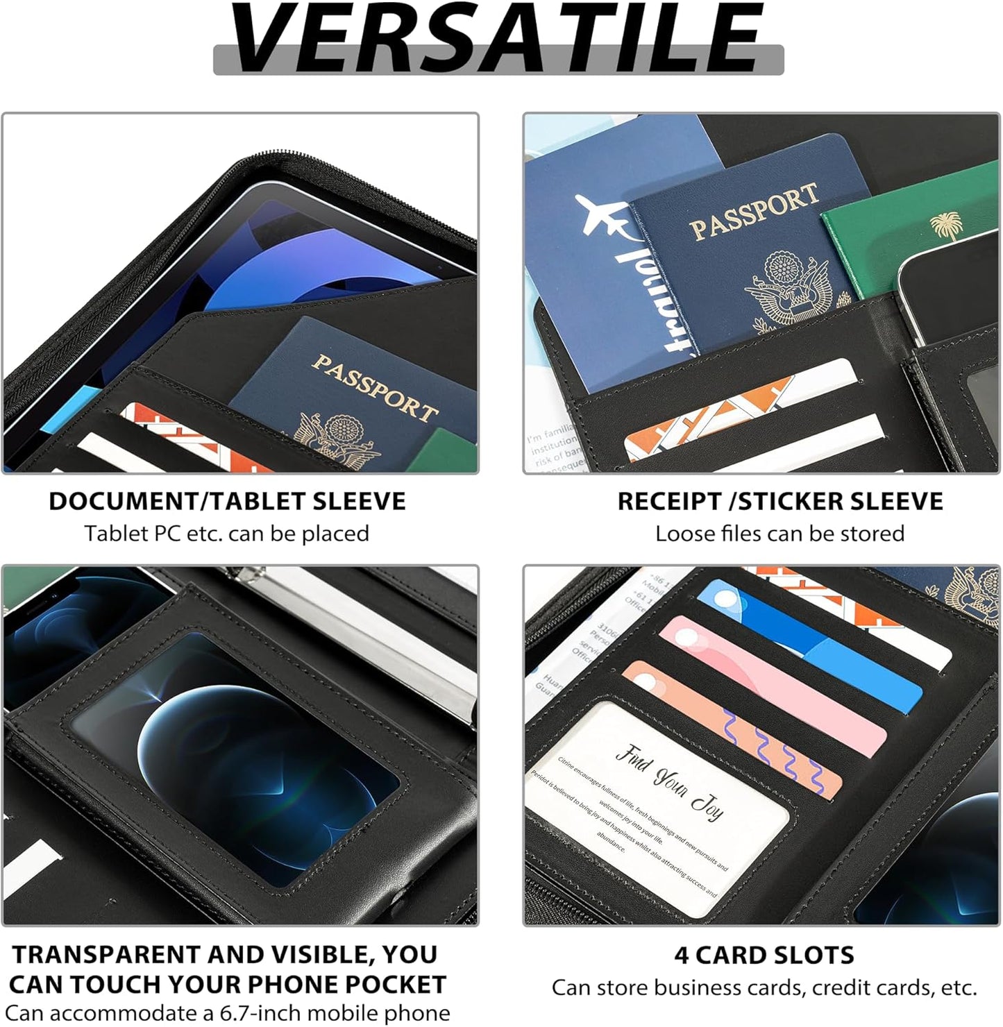 Leather Clipboard with Storage, Zippered Padfolio Portfolio Organizer, 3 Ring Binder 1 Inch, Notepad, Tablet Sleeve, 5 Dividers with Pocket, Stickets for Office, Nurses, Students, Teachers Black