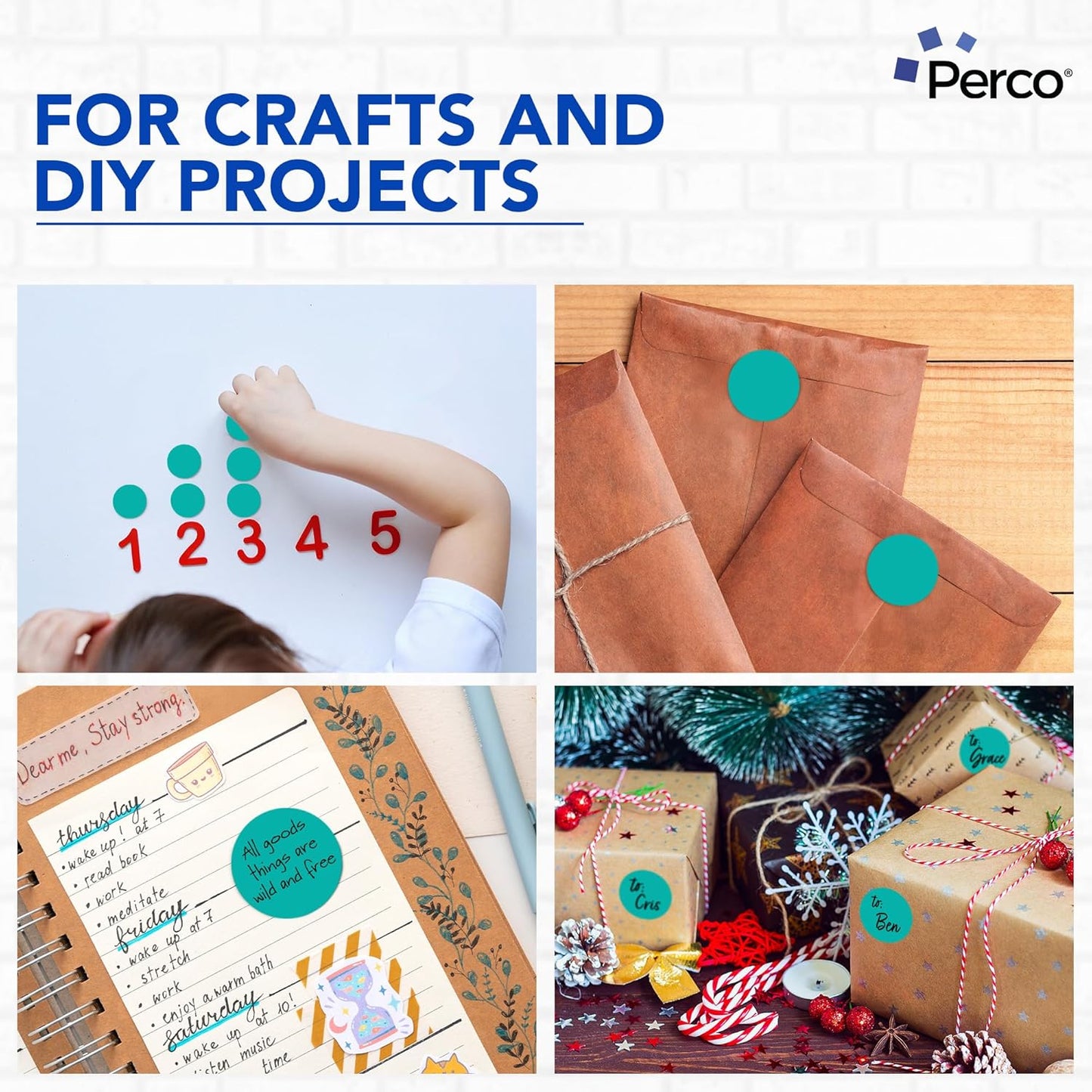 Perco Teal 2-Inch Perforated Circle Dot Sticker Labels — 10 Rolls, 5,000 Round Stickers — with Permanent Adhesive for Organizing, Color Coding, Bin Labeling, Packaging Alerts—Made in USA