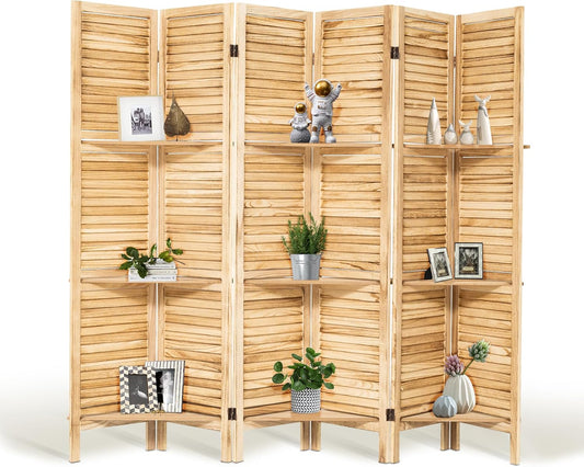 Room Divider with Shelves, 5.6FT Folding Room Divider Panel, 6 Panel Wood Partition Wall Divider for Room Separation, Natural Wood