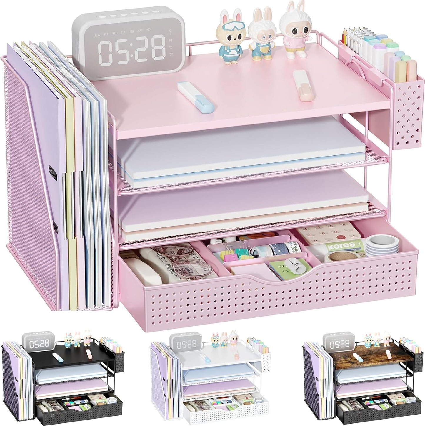 Wood Desk Organizers and Accessories with File Holder, 4-Tier Desk Accessories & Workspace Organizers with Drawer and Pen Holder, Paper Organizer for Office Supplies (Pink)