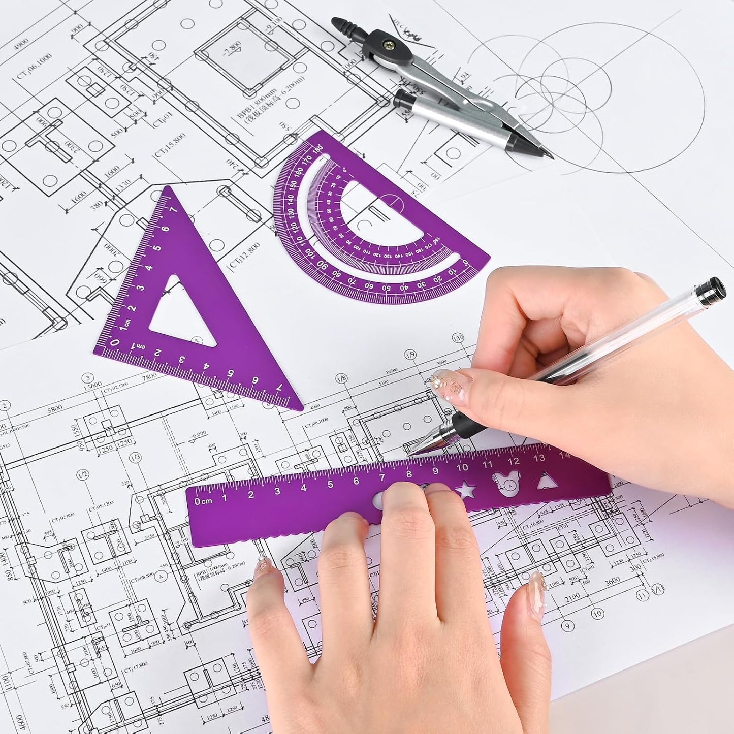 6 Pcs Metal Geometry Set, Math Geometry Kit, Metal Ruler Set and Compass Geometry Tool, Rulers Protractor and Compass Set for Student School and Drawings Supplies (Purple)