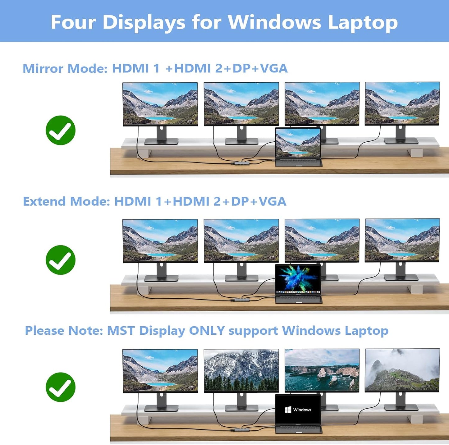 USB C Docking Station Dual Monitor Adapter for Dell HP, Laptop Docking Station 3 Monitors Quad Display USB C Hub Dongle to 4K HDMI+DP+VGA,3 USB2.0,100W PD,8 in 1 Thunderbolt Dock for Lenovo,Surface