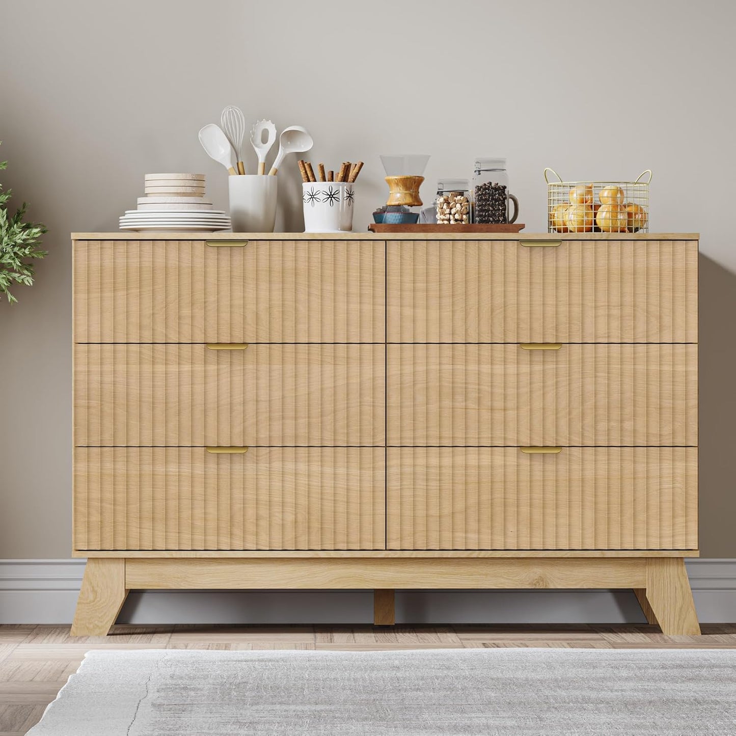 Fluted 6 Drawer Dresser, 47.2" Wide Modern Boho Chest of Drawers, Wooden Storage Dresser TV Stand for Bedroom, Living Room, Closet, Hallway, Curved Profile Design