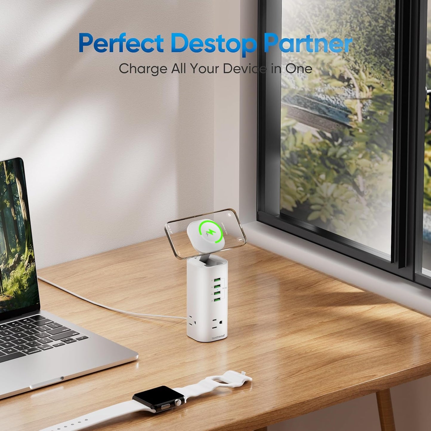 Tower Power Strip Surge Protector with 3 AC Outlets & 8 USB Ports (4 USB-C), TenTrend 160W Fast Charging Station, 5 FT Flat Plug Extension Cord with Multiple Outlets for Home Office Dorm Room