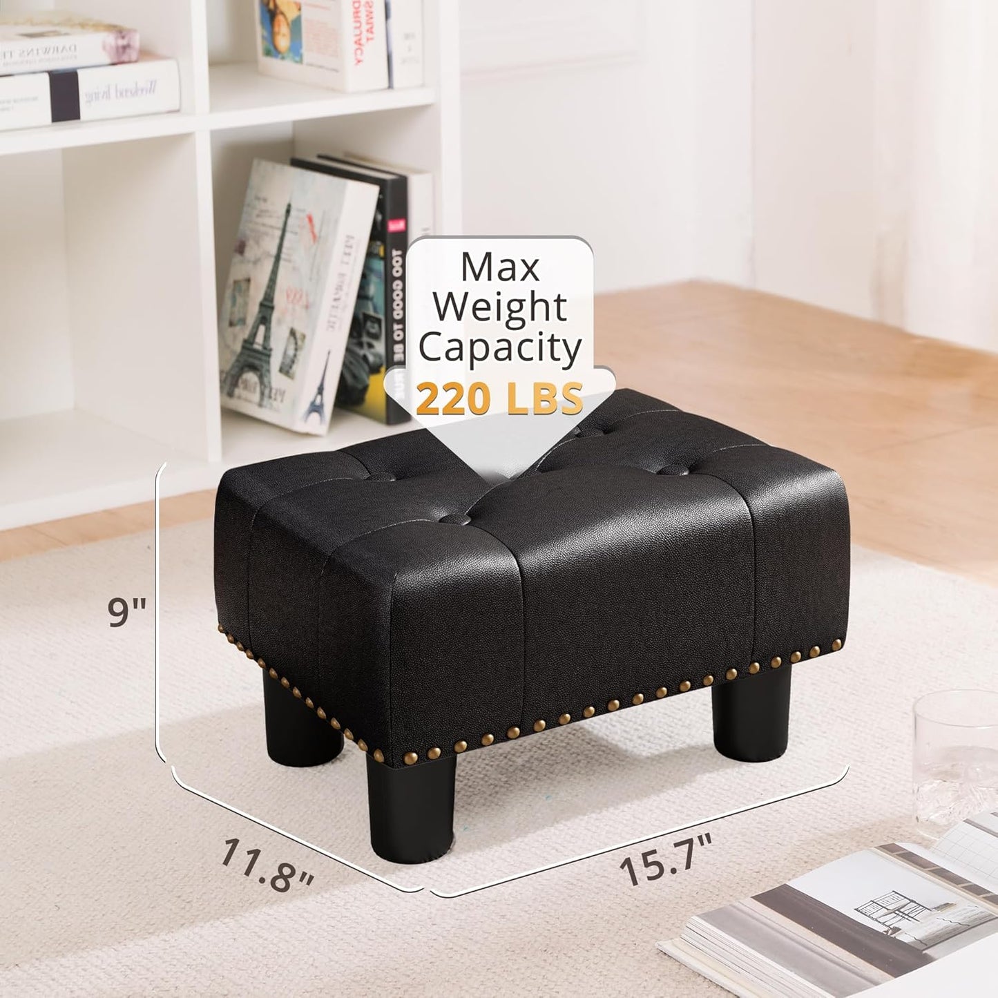 LUE BONA Small Tufted Foot Stool, Black Rivet Faux Leather Footrest with Plastic Legs, 9''H, Rectangle Foot Stools for Adult with Non-Slip Pads, Sofa Footstool for Living Room, Couch