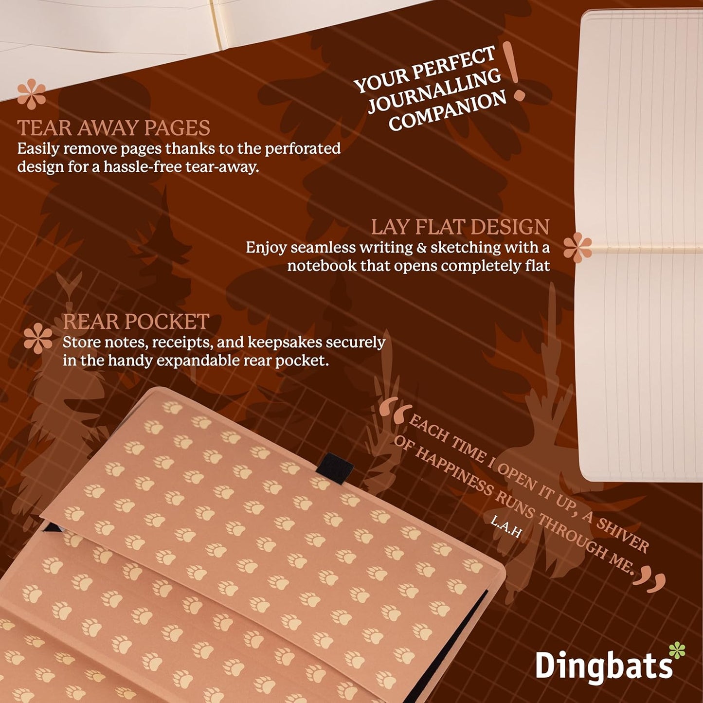 Dingbats* Wildlife Dotted Journal Notebook A5 - Vegan Leather Soft Cover, Ideal for Work, Travel - Pocket, Elastic Closure, Bookmark