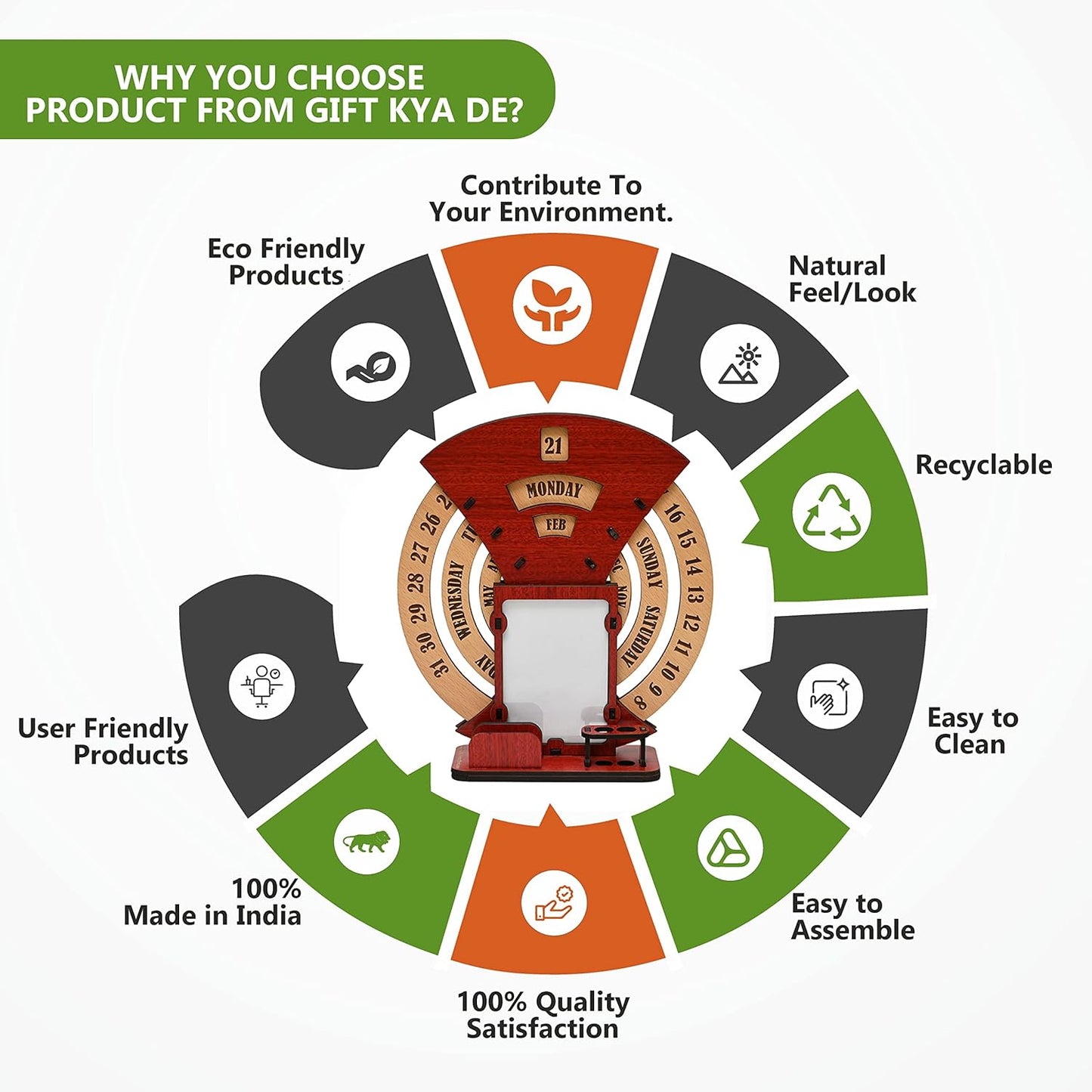 GKD Wooden Desk/Table Calendar to Lifetime Infinite Calendar 2025 with Desk Organizer and Photo Frame for Office/Home (‎Red)