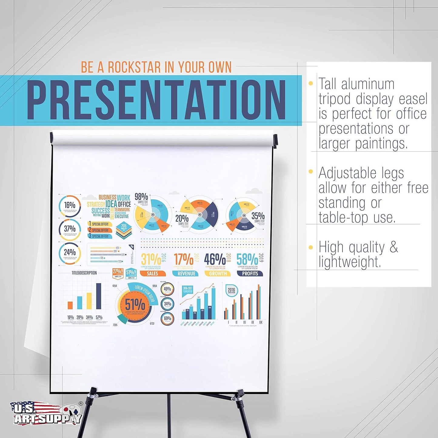 U.S. Art Supply 66" High Boardroom Black Aluminum Flip Chart Easel & Presentation Stand (4 Pack) - Adjustable Floor/Tabletop, Portable Tripod, Holds 25 lbs., for Chart Paper, Poster Boards, & Pads