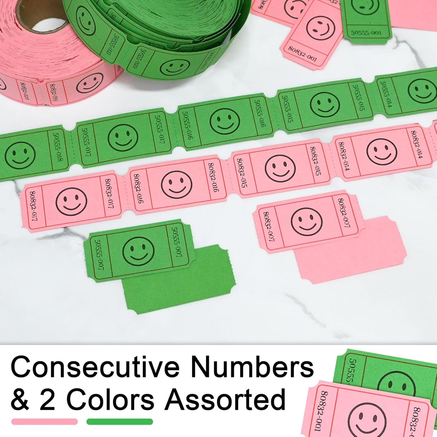 L LIKED 1000 Raffle Tickets, Smile,2 Color Set of 500 1" x 2" Single Roll,Tickets for Raffles, Carnival, Door Prizes and Class Reward - Pink/Green