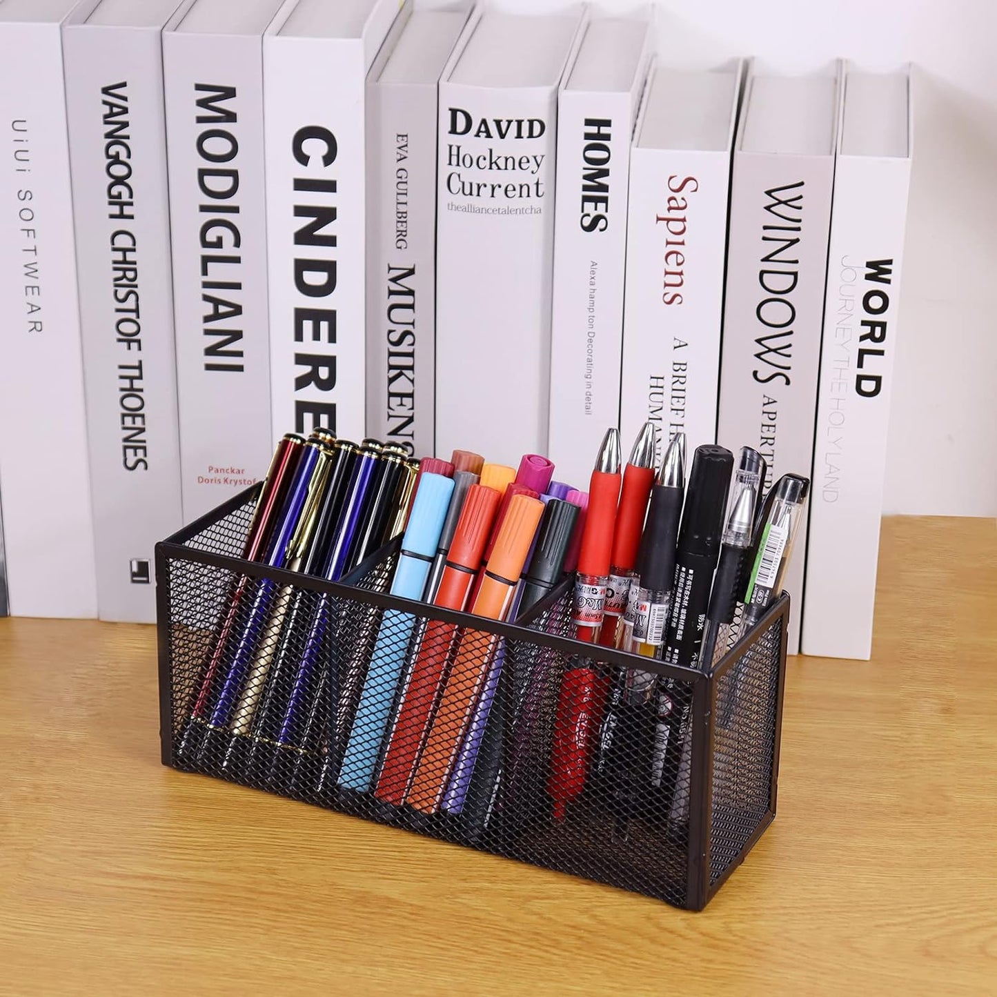 Black Mesh Pen Pencil Holder, Small Metal Desk Organizer Desktop Stationery Office Supplies Acessories Storage Stand, 3 Compartments Brushes Holder for Home School Classroom Teachers