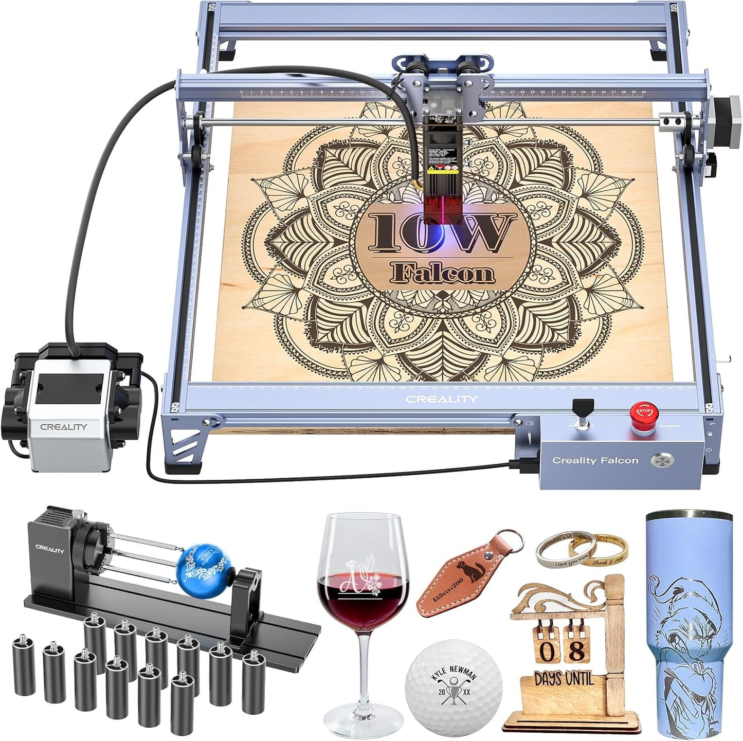 Creality 10W Laser Engraver, Falcon Pro with 3-in-1 Laser for Wood Engraving, 72W Efficient Laser Engraving Machine Fit, for Wood, Metal, Paper, Acrylic, Leather, Glass Tumbler Ring, 17" x 16"