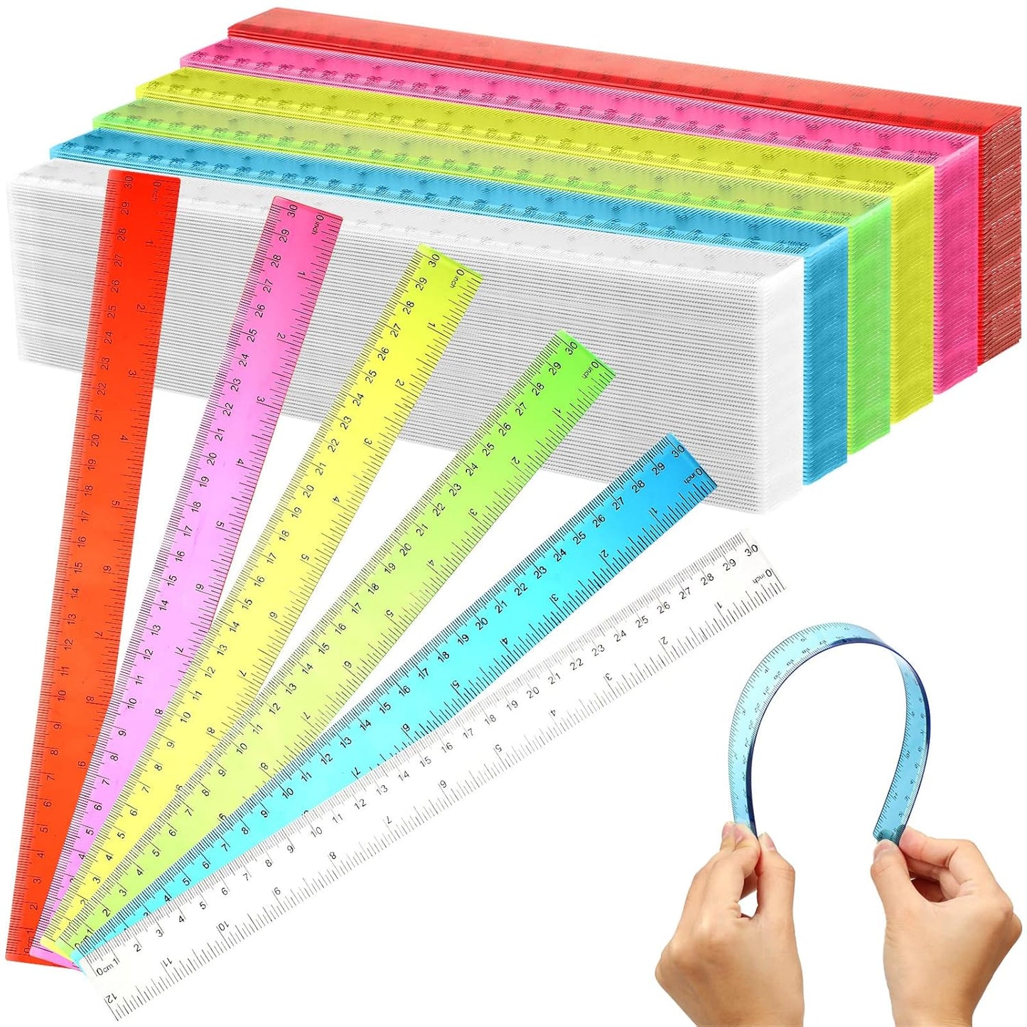 Fumete 144 Pack 12 Inch Plastic Rulers Bulk for Classroom Back to School Supplies Flexible Transparent Assorted Color Ruler with Centimeters and Inches for Office Teacher Student