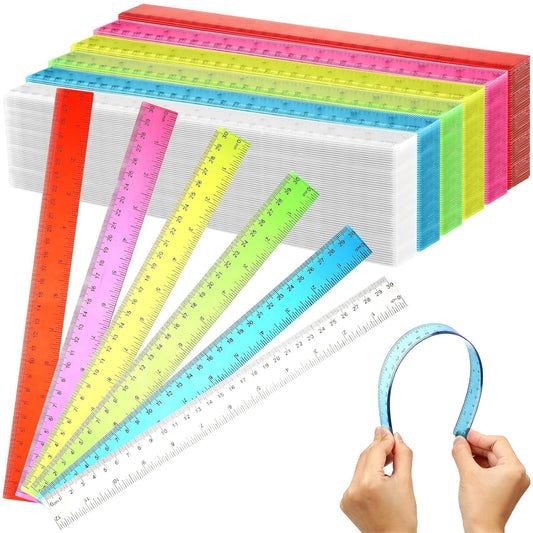 Fumete 144 Pack 12 Inch Plastic Rulers Bulk for Classroom Back to School Supplies Flexible Transparent Assorted Color Ruler with Centimeters and Inches for Office Teacher Student