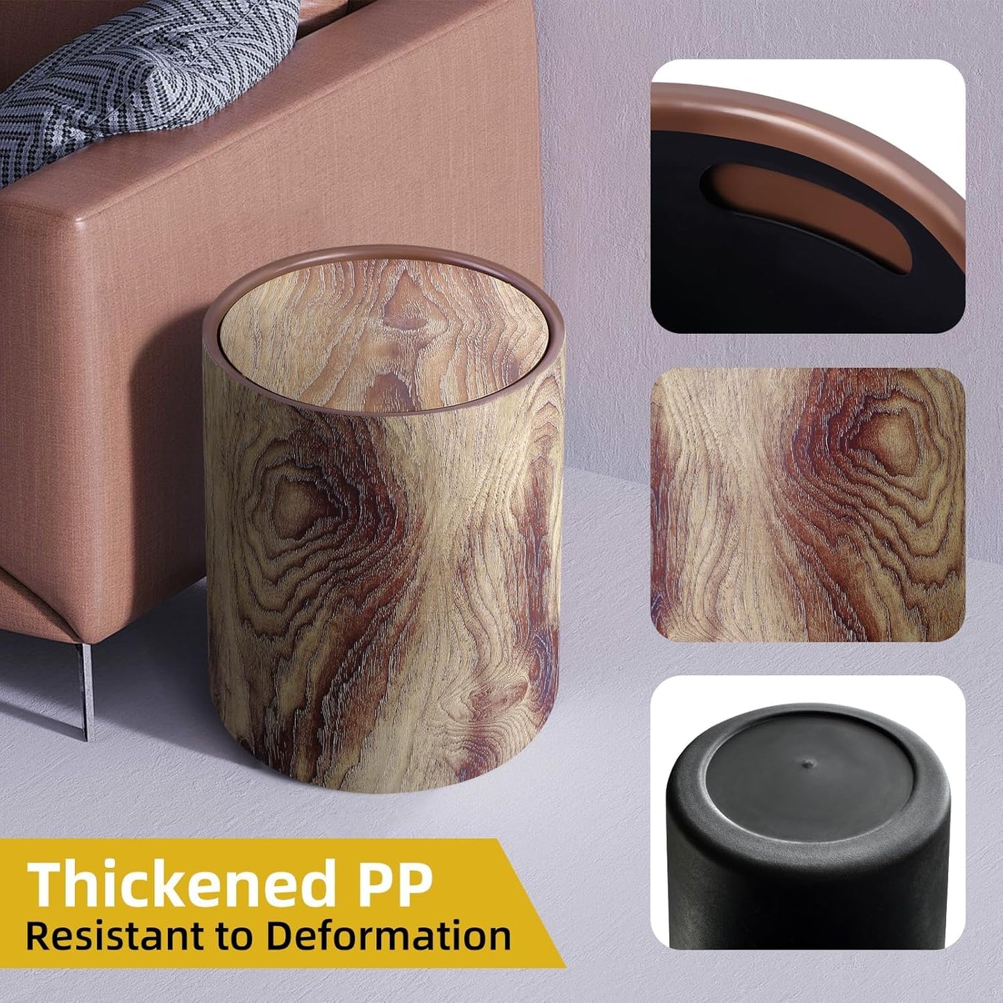 Wood Grain Plastic Trash Can Swing Top Lid, 4Gal/15L Farmhouse Wastebasket Bin Retro Style with Inner Bucket, Bathroom Trash Can Hidden Bag for Room Aesthetic, Round Brown Garbage Can 2pack