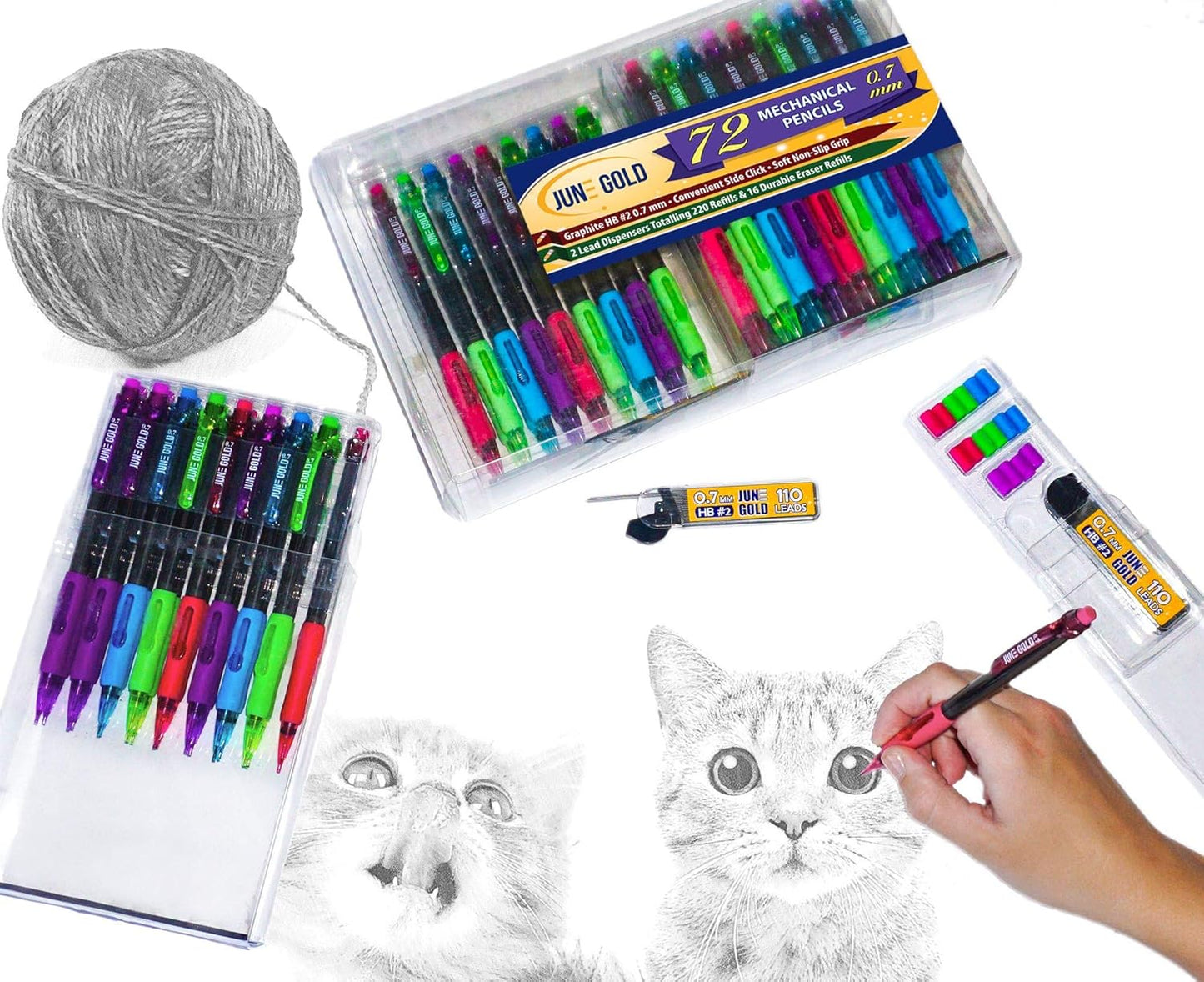 June Gold 72 Mechanical Pencils, 0.7 mm HB Lead, 2 Lead Dispensers with 220 Refills & 16 Erasers, Break Resistant, Convenient Side Click & Soft Non-Slip Grip