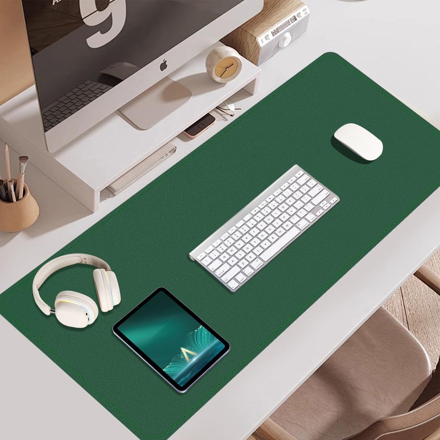 Large Non-Slip PU Leather Office Mat for Home & Office, 55'' x 17'', Laptop Desk Blotter Pad for Mouse and Keyboard, Dark Green