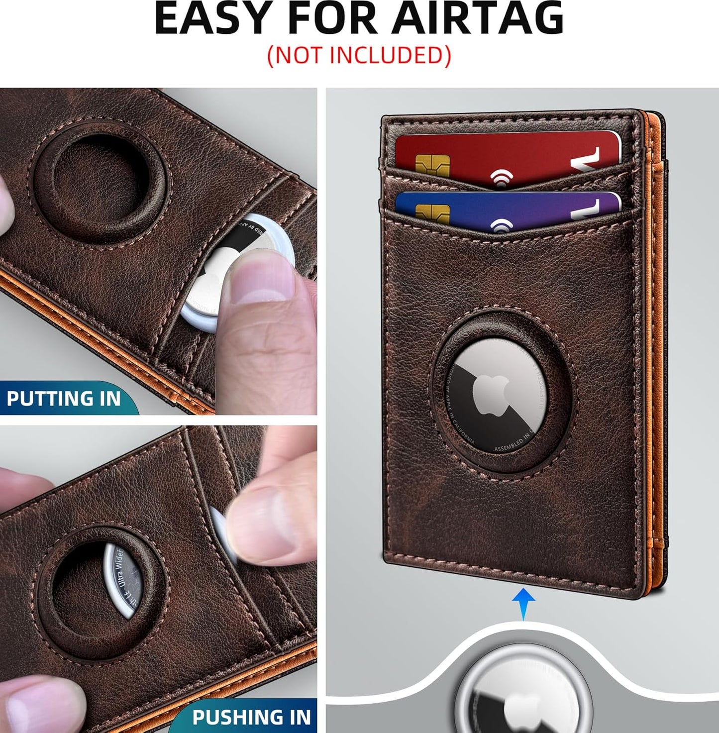 Airtag Wallet for Men- with Money Clip Gift Boxed, Magnetic Closure Slim Genuine Leather Front Pocket Wallet, 4.1"x 2.8", RFID Blocking