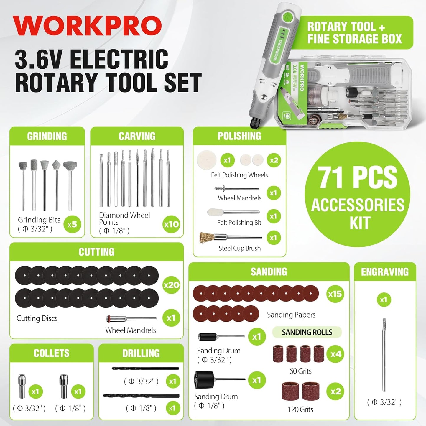 WORKPRO Cordless Rotary Tool Kit with 71pcs Accessories, 3 Variable Speeds, USB Rechargeable Mini Rotary Tool for Engraving, Sanding, Polishing, Carving, Cutting, DIY Crafts