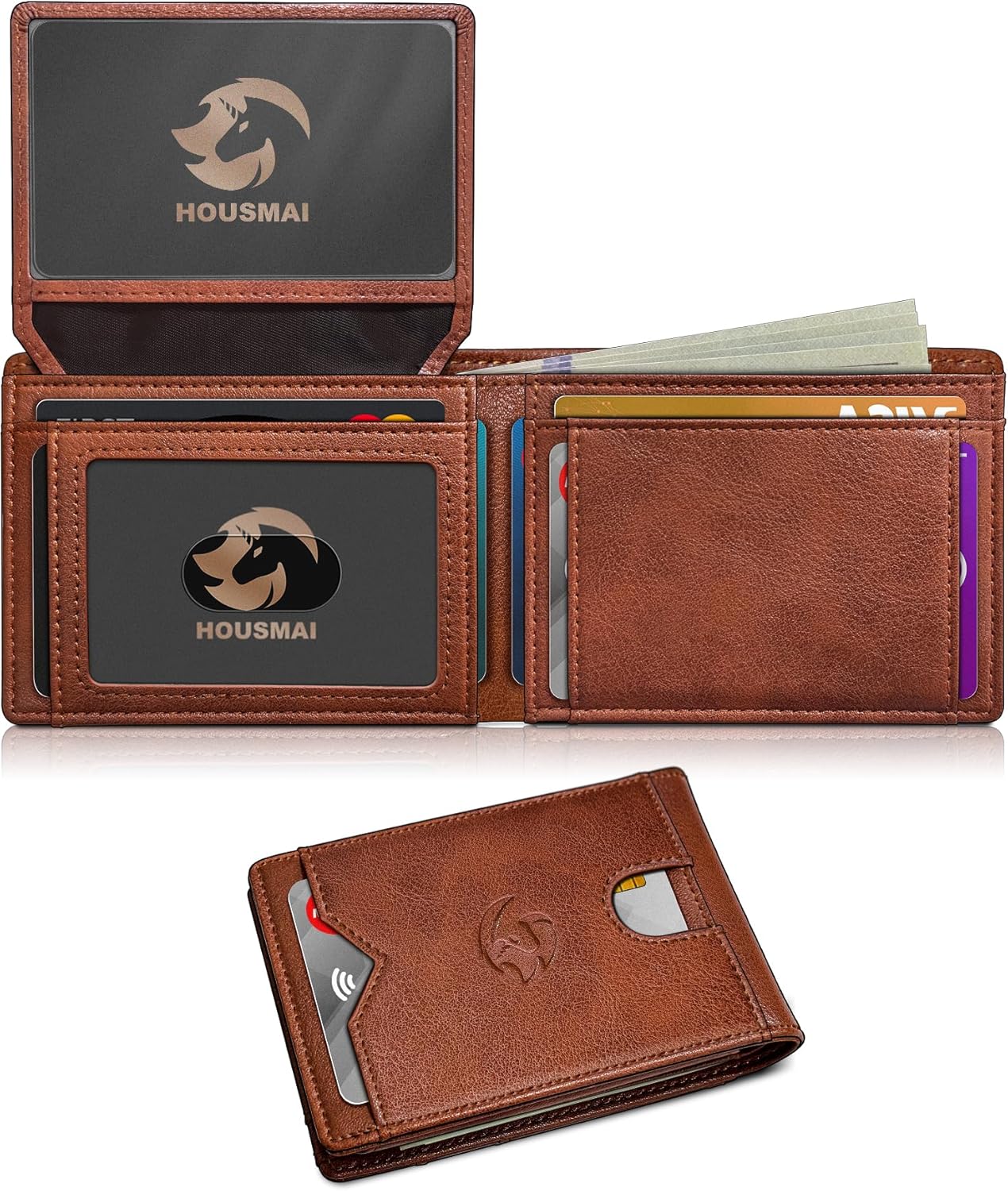 Wallet for Men Wallet with Cash Pocket 2 ID Window 13 Cards,Slim Leather Wallet Front Pocket Card Holder RFID Blocking with Gift Box