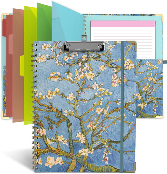 Foldable Clipboard Folio with Storage, 5 Plastic Folders with 10 Pockets,Refillable Lined Notepad (11" x 8.5"), Hardcover Project Organizer Nursing Teacher School Essentials(Almond Tree)