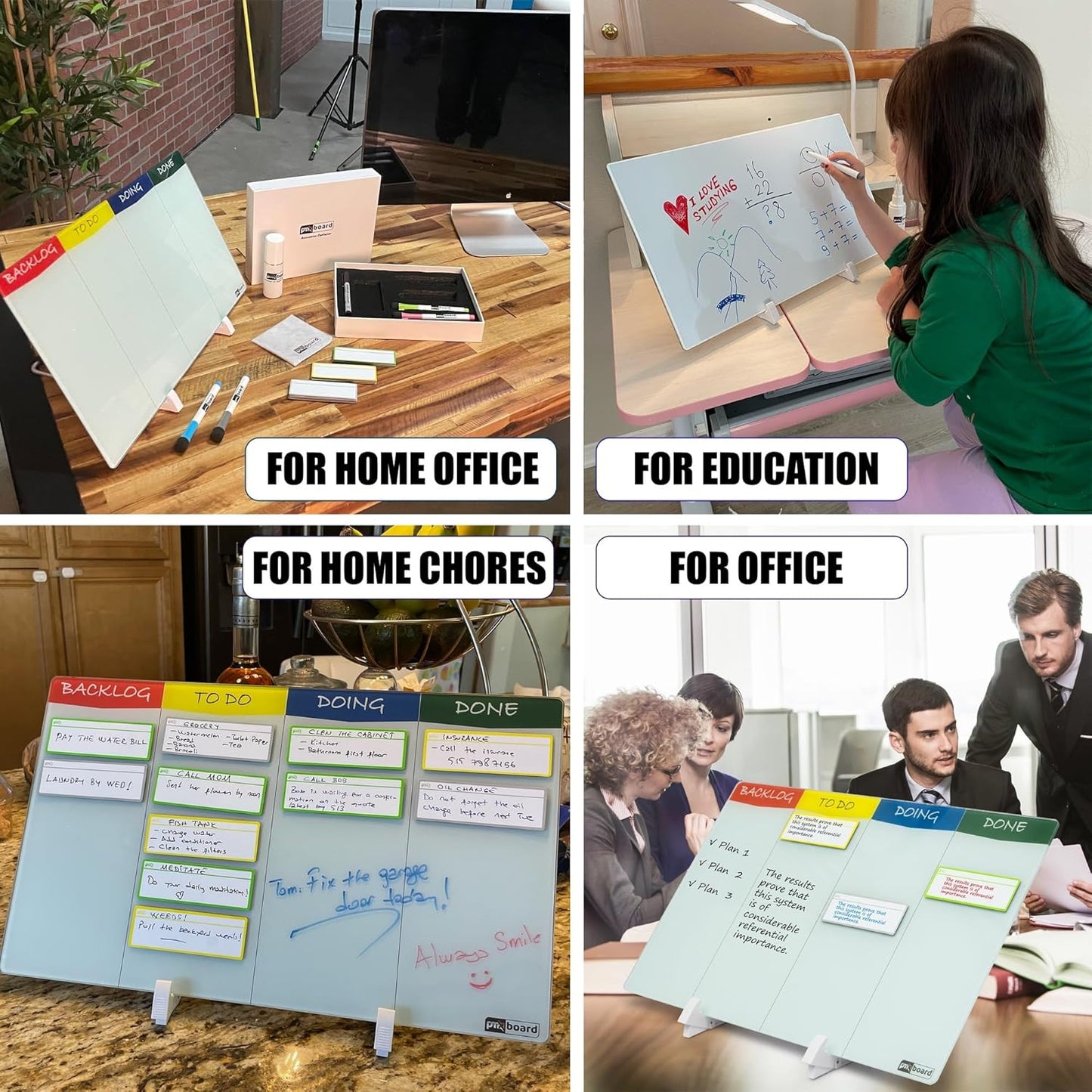 Double Sided Desktop WhiteBoard Kanban Set with Stand.18 x11,Dry Erase Glass Board, 24 Reusable Task Cards, 6 Markers, Accessories. Portable Project Management Planning Productivity WhiteBoard Kit