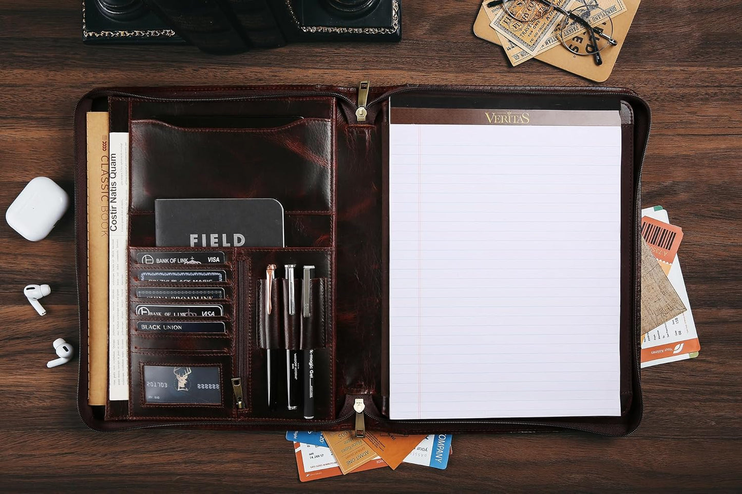 Handmade Genuine Leather Portfolio Organizer for IPad/Document, Business Padfolio with A4 Leather Notepad Holder, Leather Compact Folder Conference Portfolio for Men and Women, Red Brown