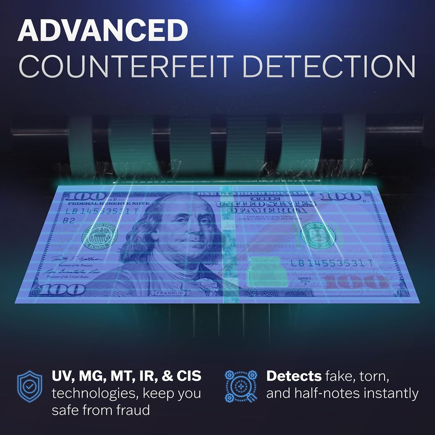 CN5 Money Counter Machine Mixed Denomination Value Counting UV/MG/IR/DD Counterfeit Detection, USD, EUR, MXN, GBP and CAD Business Money Counter