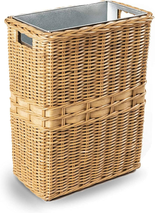 The Basket Lady Large Rectangular Wicker Waste Basket with Metal Liner, 14.5 in L x 9 in W x 18 in H, Sandstone