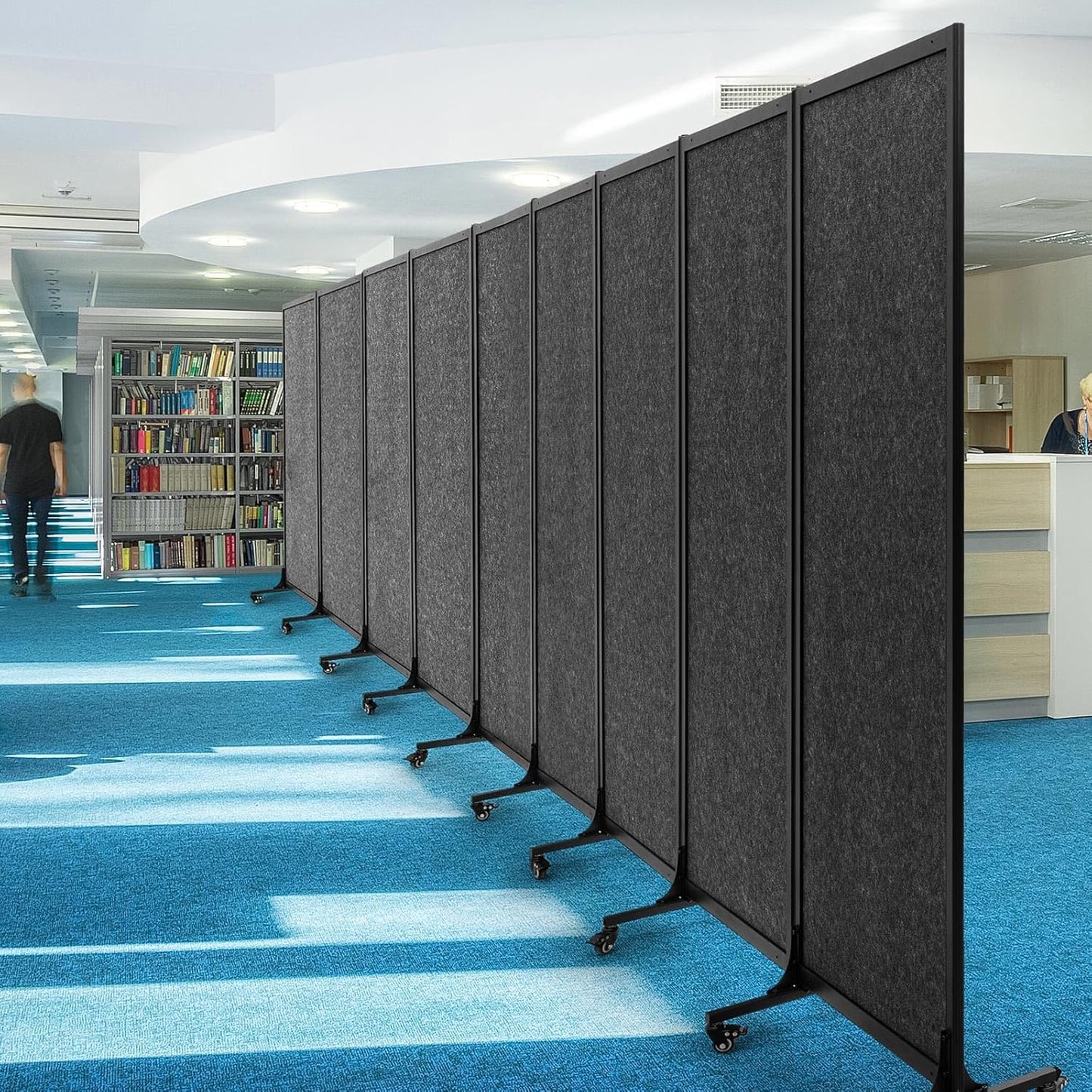 Upgrade Version Room Partition and Divider, Freestanding Rolling Dividers with Wheels,Office Privacy Screen Divider Wall,Classroom Felt Dividers,8'2"L* 6'7"H,4 Panel，Dark Grey
