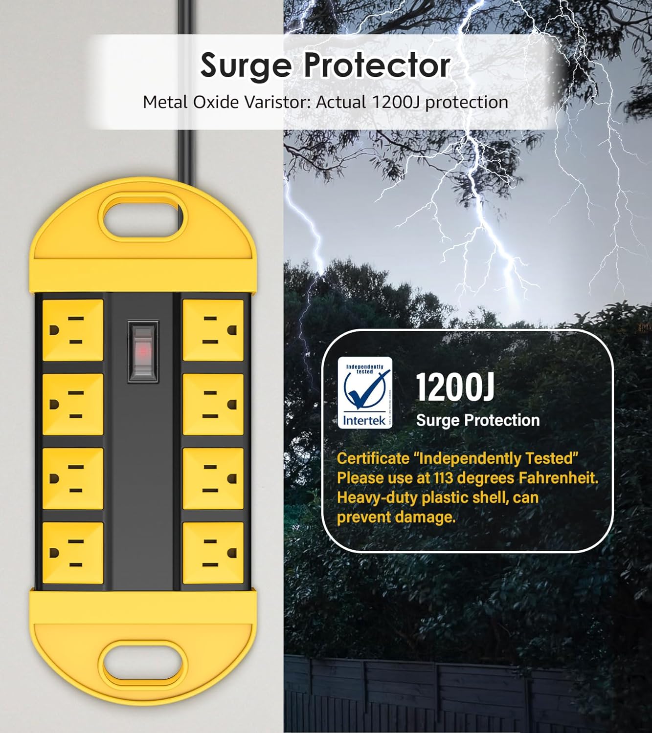 CCCEI GFCI Outdoor Power Strip Weatherproof with 8 AC, Waterproof Extension Cord with Multiple Outlets, Wall Mount Surge Protector Flat Plug, Christmas Exterior Garden, Yard, 6FT, Yellow.