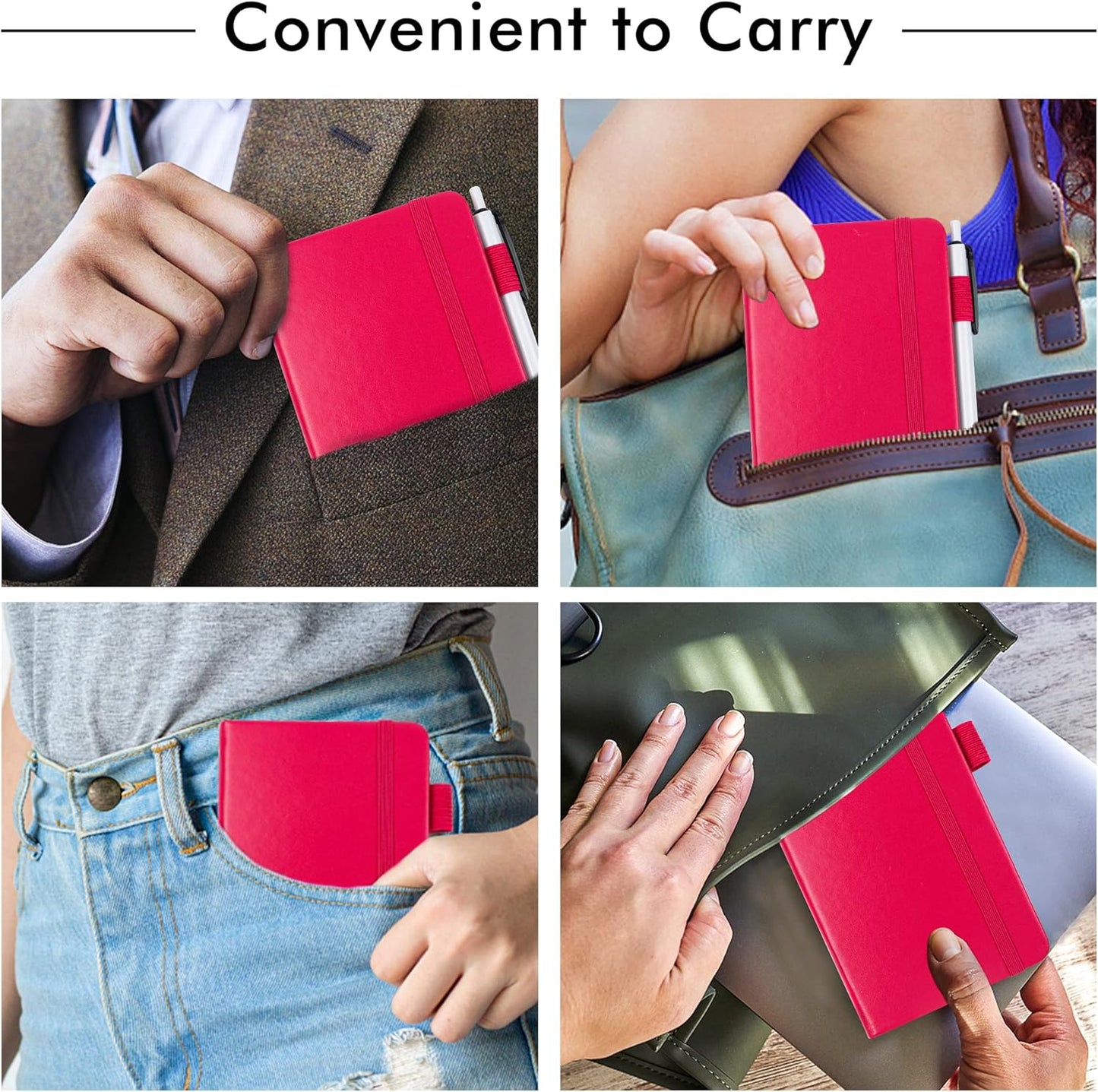 feela 6 Pack Pocket Small Notebooks Bulk, Mini Cute Memo Notepads Hardcover College Ruled Lined Journals with Pen Holder for Women Girls Office School, with 6 Black Pens, 3.5”x 5.5”, A6, Berry