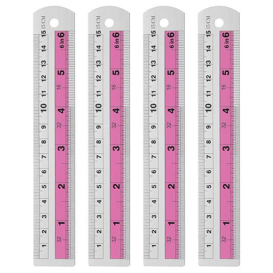 HARFINGTON 4pcs Metal Straight Ruler 15cm Metric SAE Aluminum Alloy Measuring Rulers Scale Tools with Hole for Measure Study Reading Classroom Office, Pink