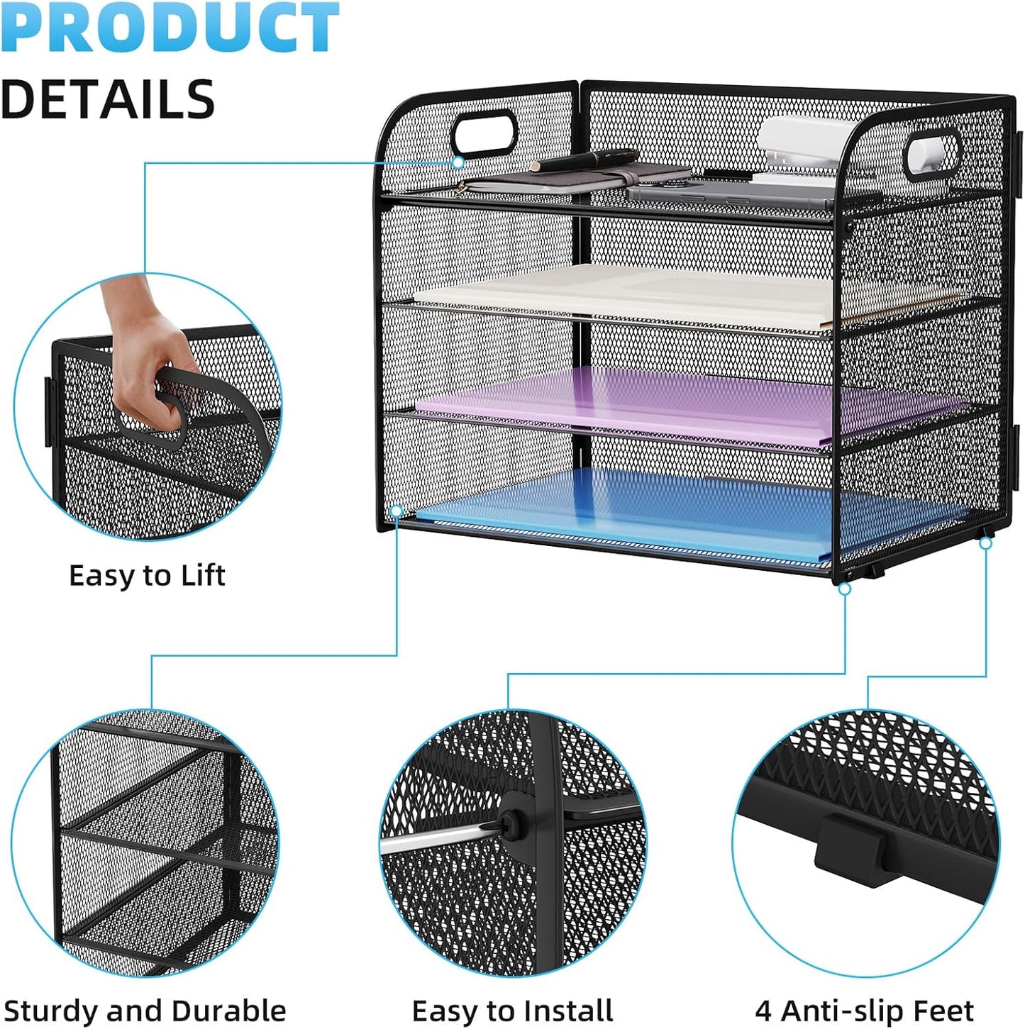 Marbrasse 4 Tier Paper Organizer Letter Tray - Mesh Desk File Organizer with Handle, Paper Sorter Organizer for Letter/A4 Office File Folder Holder (Black, 12.6" x 9.1" x 10.7")