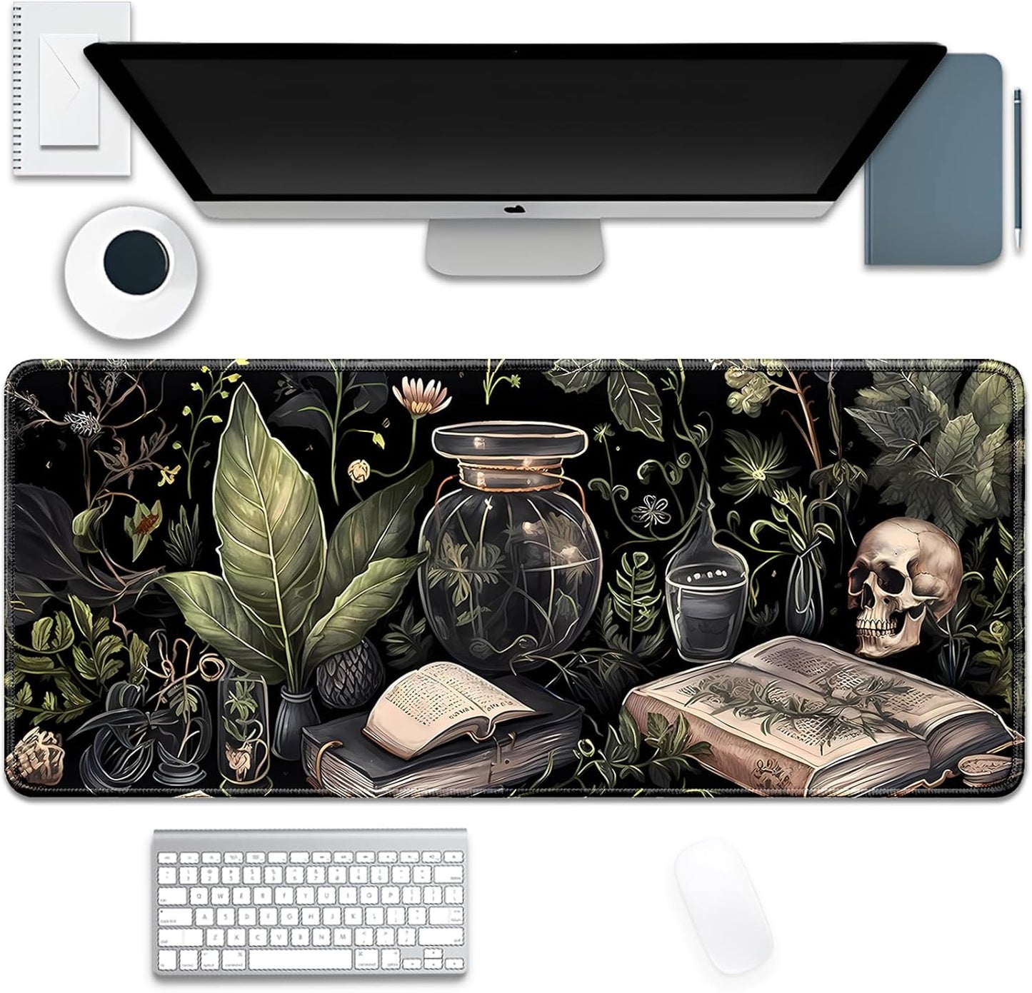 Dark Academia Witchcraft Mouse Pad,Extended Skull Magic Book Mousepad Desk Pad with Stitched Edges,Non-Slip Waterproof Rubber Base Mouse Mat for Office Computer Keyboard Laptop Home(27.5x11.8 in)