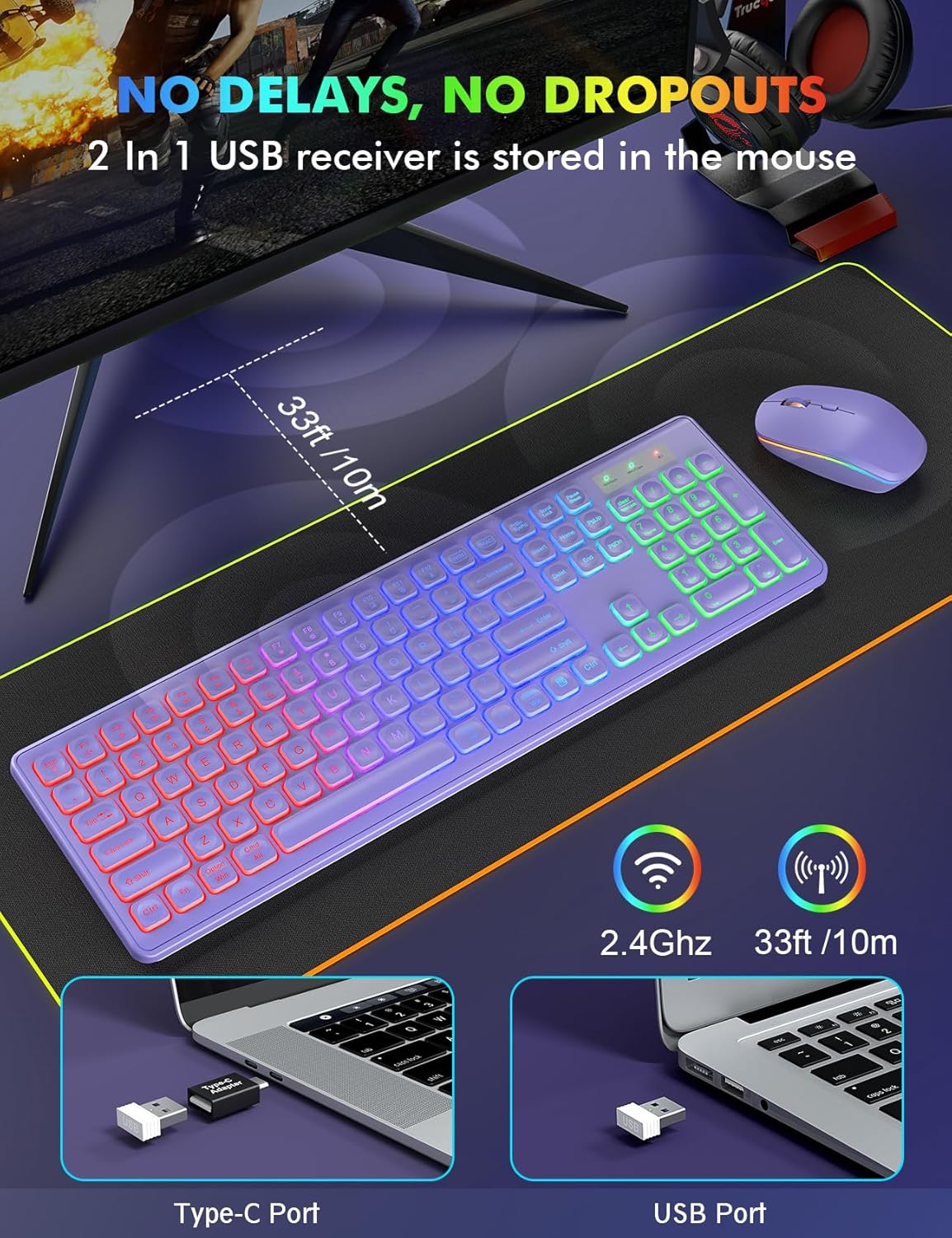 Wireless Keyboard and Mouse Combo, RGB Backlit, Rechargeable & Light Up Letters, Full-Size, Ergonomic Tilt Angle, Sleep Mode, 2.4GHz Quiet Keyboard Mouse for Mac, Windows, Laptop, PC, Trueque(Purple)