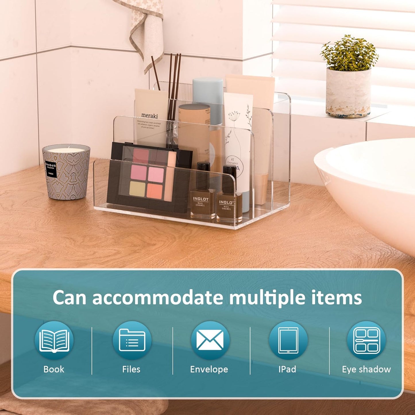 Acrylic File Holder 3 Compartment, Clear Desk File Organizer, Office Magazine File Folder Organizer Desktop for Calculate, Books