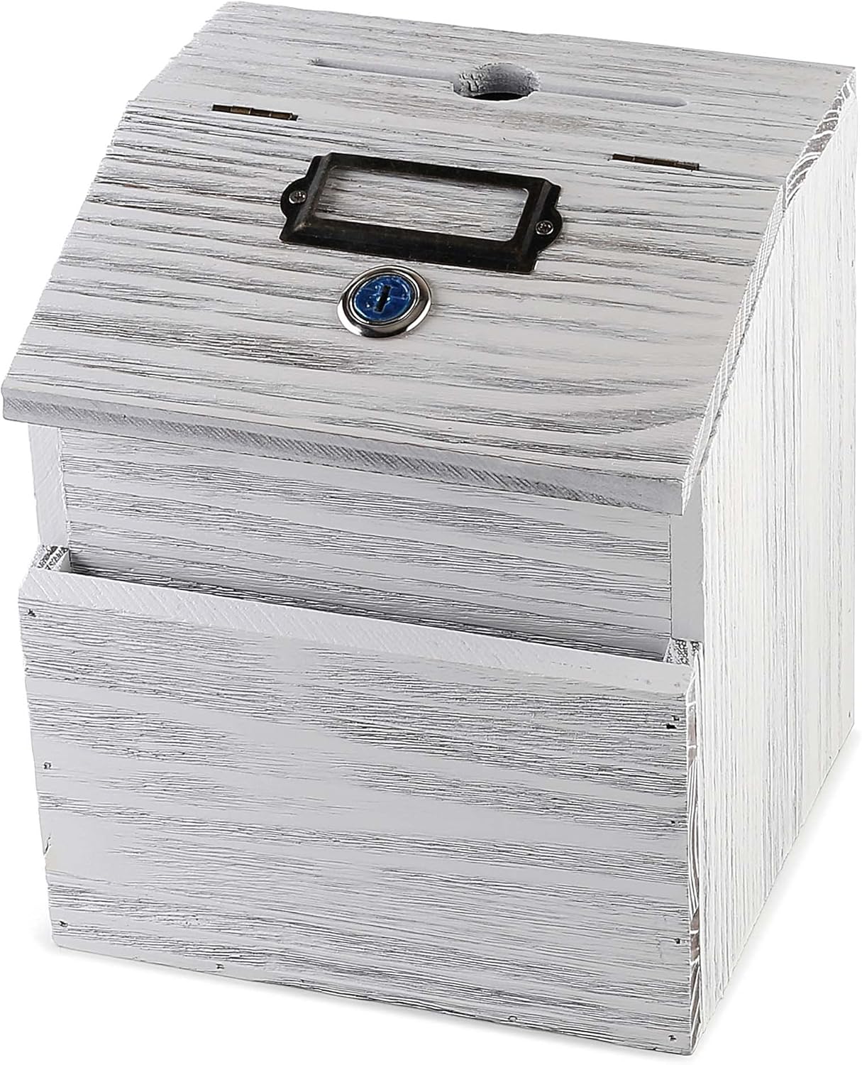 Wood Charity Donation collection Box Office suggestion Ballot Box With wide slot for envelopes and suggestion comment forms, Pocket and Locking Hinged Lid & Pen for Table Or Countertop(Rustic-White)