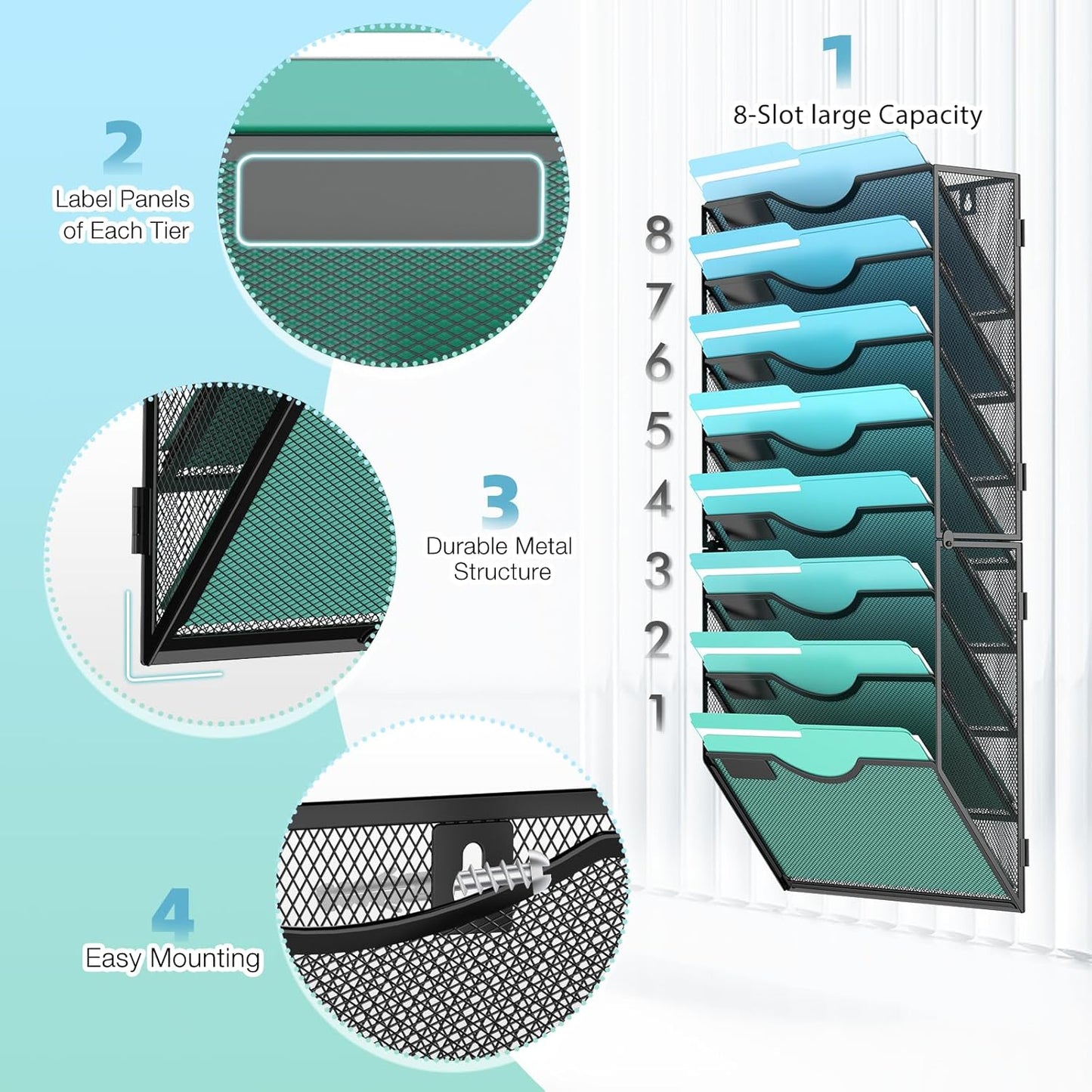 8-Tier Wall File Organizer Hanging Wall File Holder Wall Mount Paper Folder Organize, Mesh Magazine Document Mail Organizer Wall Organizer for Office School Home, Black