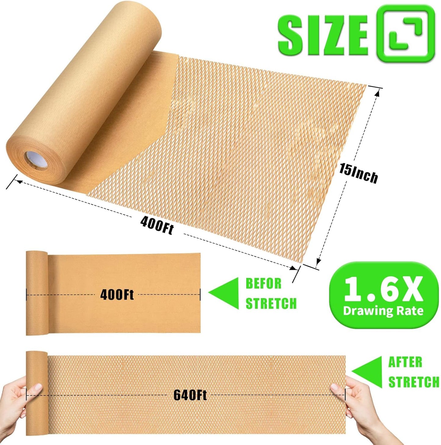 Honeycomb Packing Paper, MINHAO 15"x400' Eco Friendly Packing Paper for Moving Recyclable Honeycomb Paper Moving Supplies Bubble Paper Wrapping Protective Roll, With 36 Fragile Sticker Labels