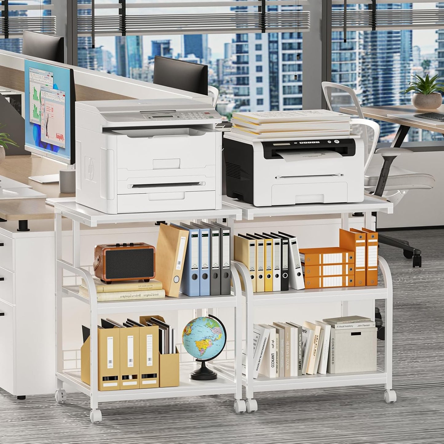 Lerliuo Large Printer Stand with Storage, 23.6"W x 18.9"D x 30.2"H, 5-Adjustable Shelf Heights Mobile 3 Tier Table with Lockable Wheels, Industrial Rolling Printer Cart, White Stands for Home Office