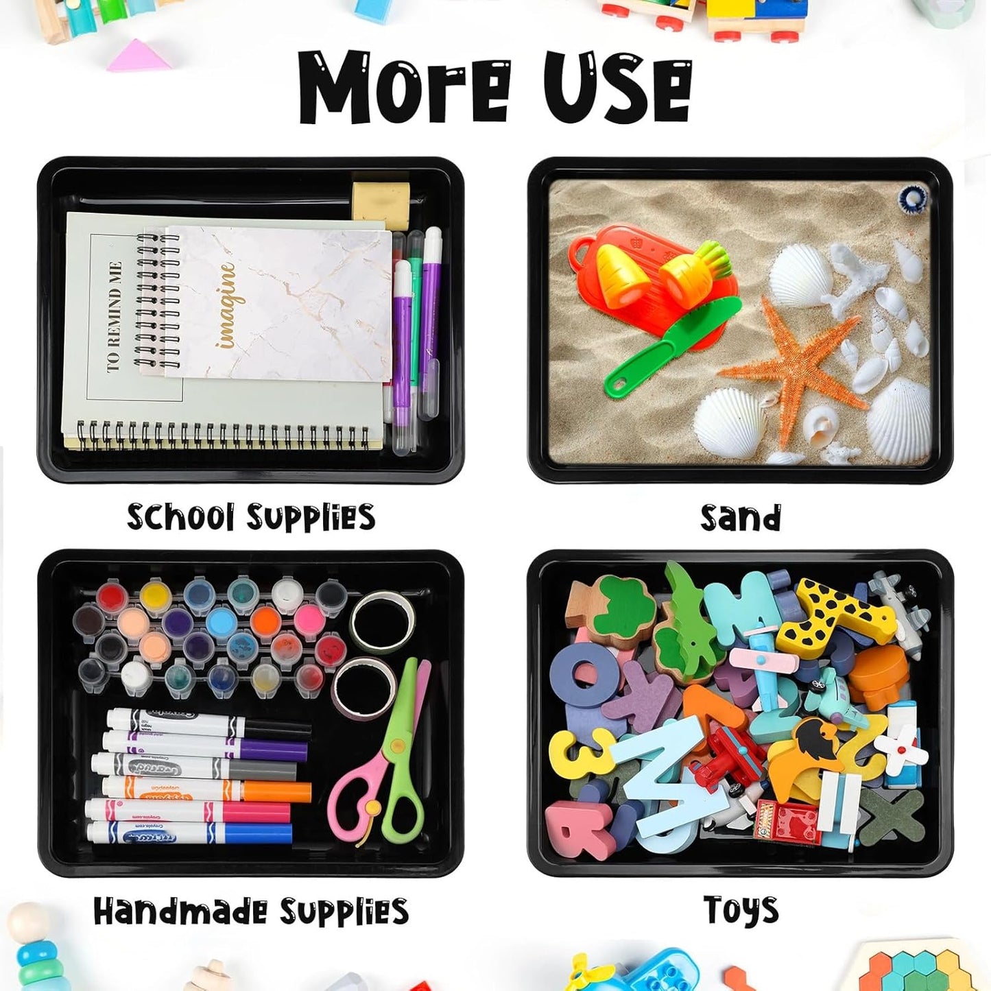 Maitys 24 Pcs Plastic Art Trays 11 x 8.7 x 1 Inch Activity Craft Tray Organizer Serving Tray Stackable Storage Sand Trays for School Painting Beads Crafts DIY Projects(Black)