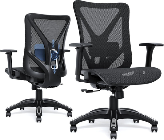 Ergonomic Office Chair, Mesh Computer Desk Chairs with Adjustable Lumbar Support, 3D Armrests, Tilt Function, Comfy Wide Seat, Swivel Executive Work Task Chair for Company and Home
