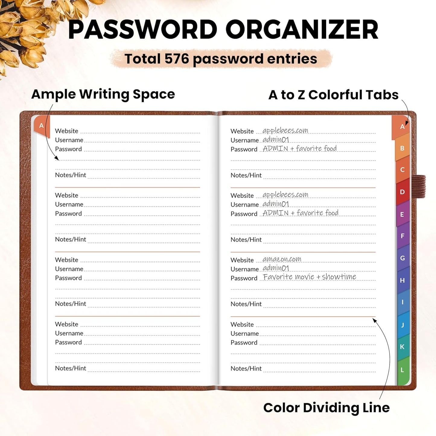 SUNEE Password Book with Colorful Alphabetical Tabs, Password Books for Seniors, Password Keeper Book for Computer and Internet Address Website Login, 5.3''x 7.7''- Brown