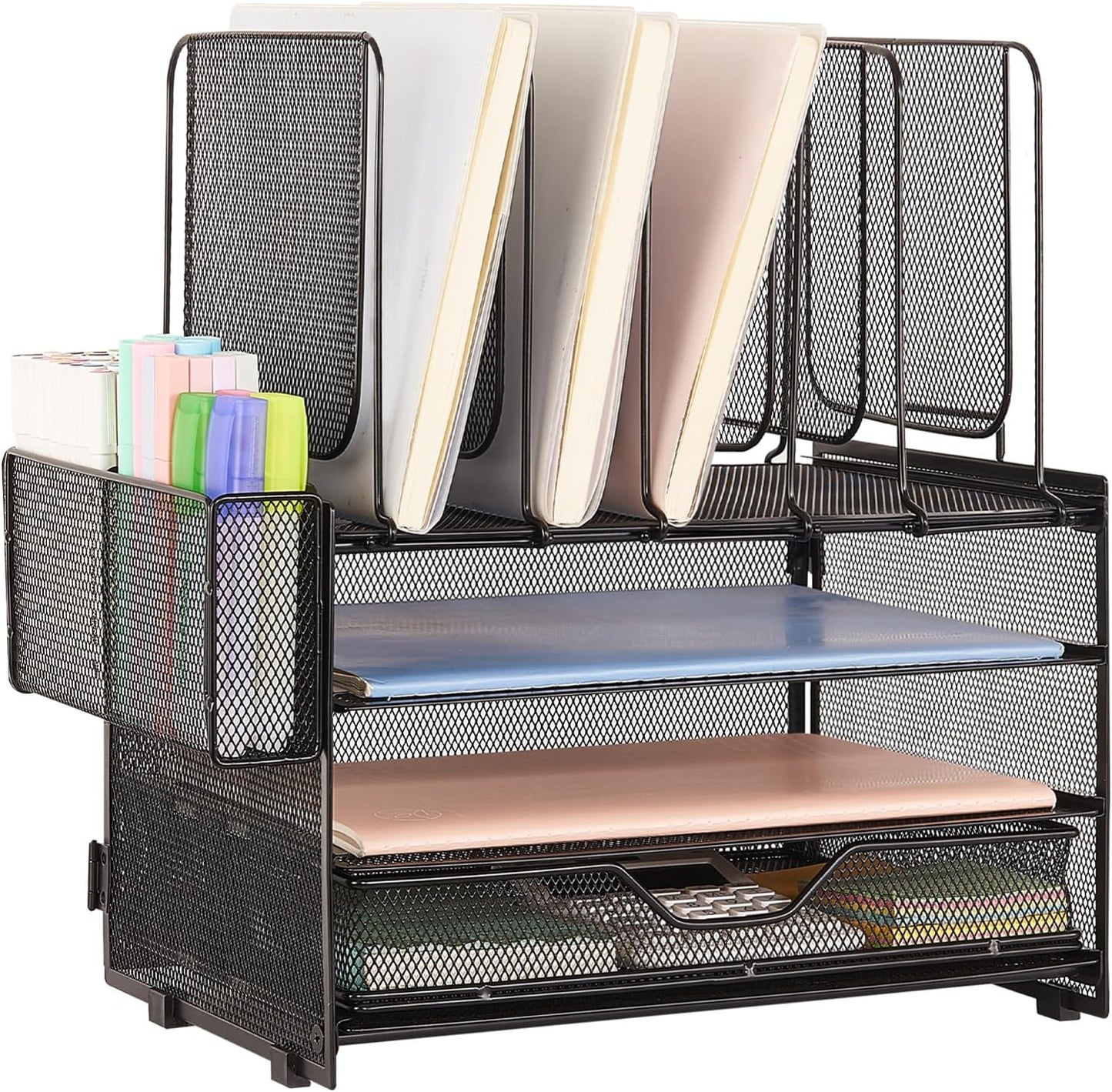 Desk Organizers and Accessories, 3-Tier Paper Organizer with 5 Vertical File Holders, File Organizer for Desk (Black With Drawer, 3T With Drawer)