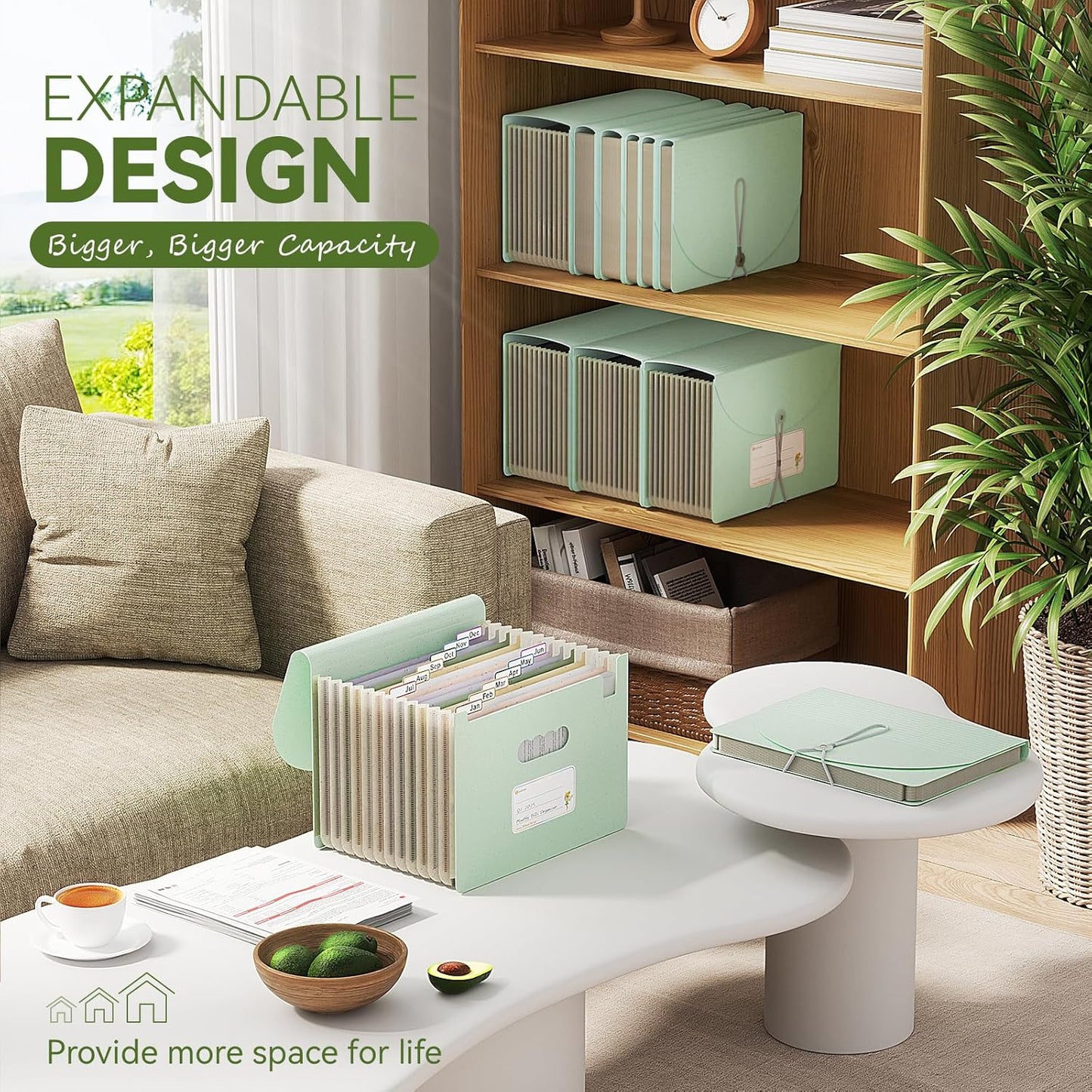 Accordion File Organizer, 12 Pockets Wheat Straw Expanding File Folder, Portable Monthly Paper Bill Tax Receipt Organizer, Letter A4 Size Document Holder，Green Office with Colorful Tab，Mint Green