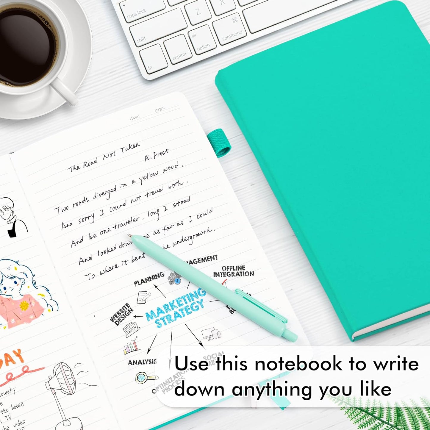 feela 5 Pack Notebooks Journals Bulk, Hardcover Notebook Classic Ruled Lined Journals with Pen Holder for Women Girls School Business Supplies, with 5 Black Pens, 120 GSM, 5.1”x8.3”, A5, Aqua